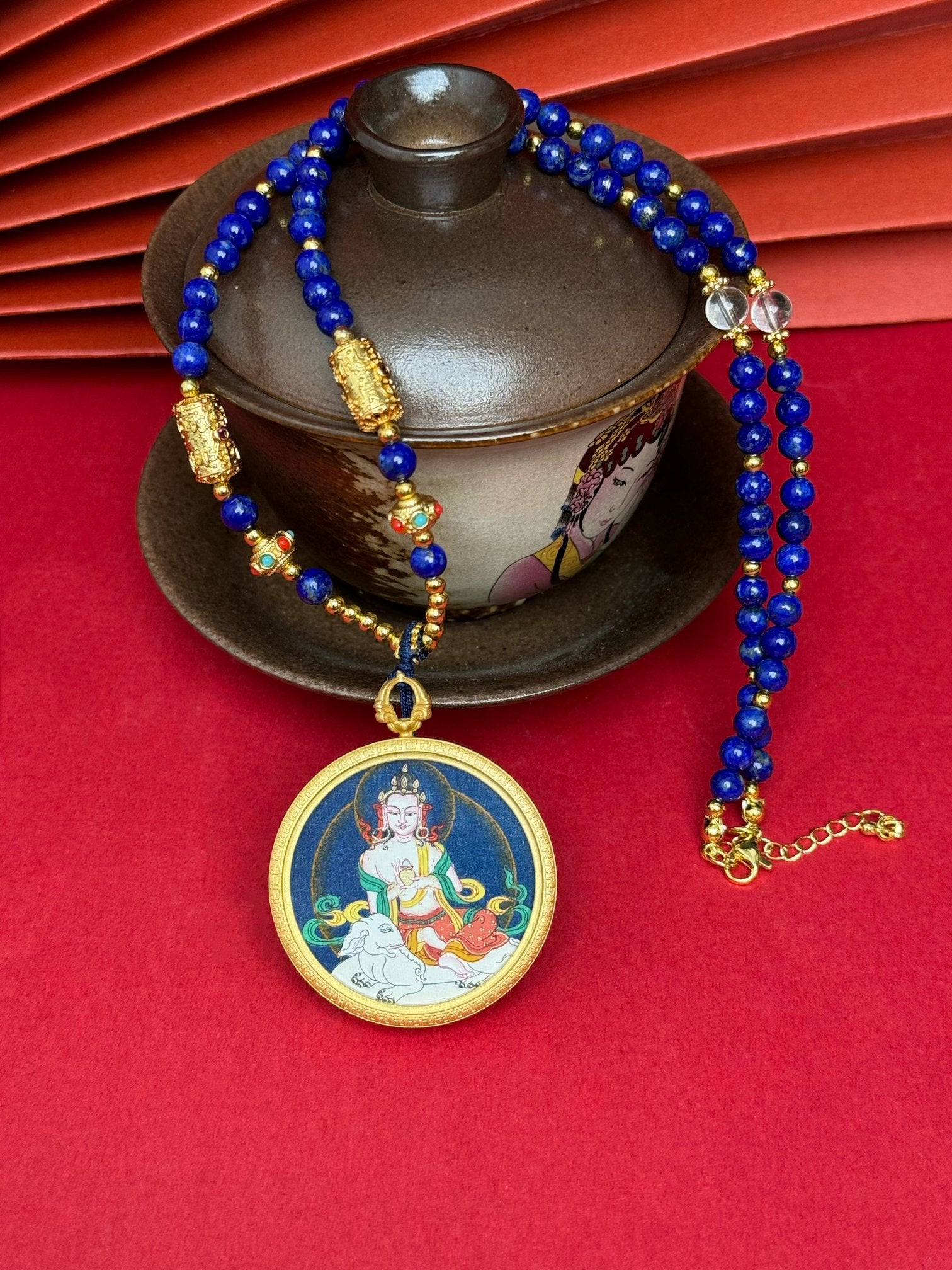 Hand-painted Tibet Bold Samantabhadra (普贤菩萨) Thangka pendant 3.5cm with copper casing featuring the Bodhisattva of Universal Virtue, representing right conduct and the fulfilment of wishes in Buddhist tradition.

