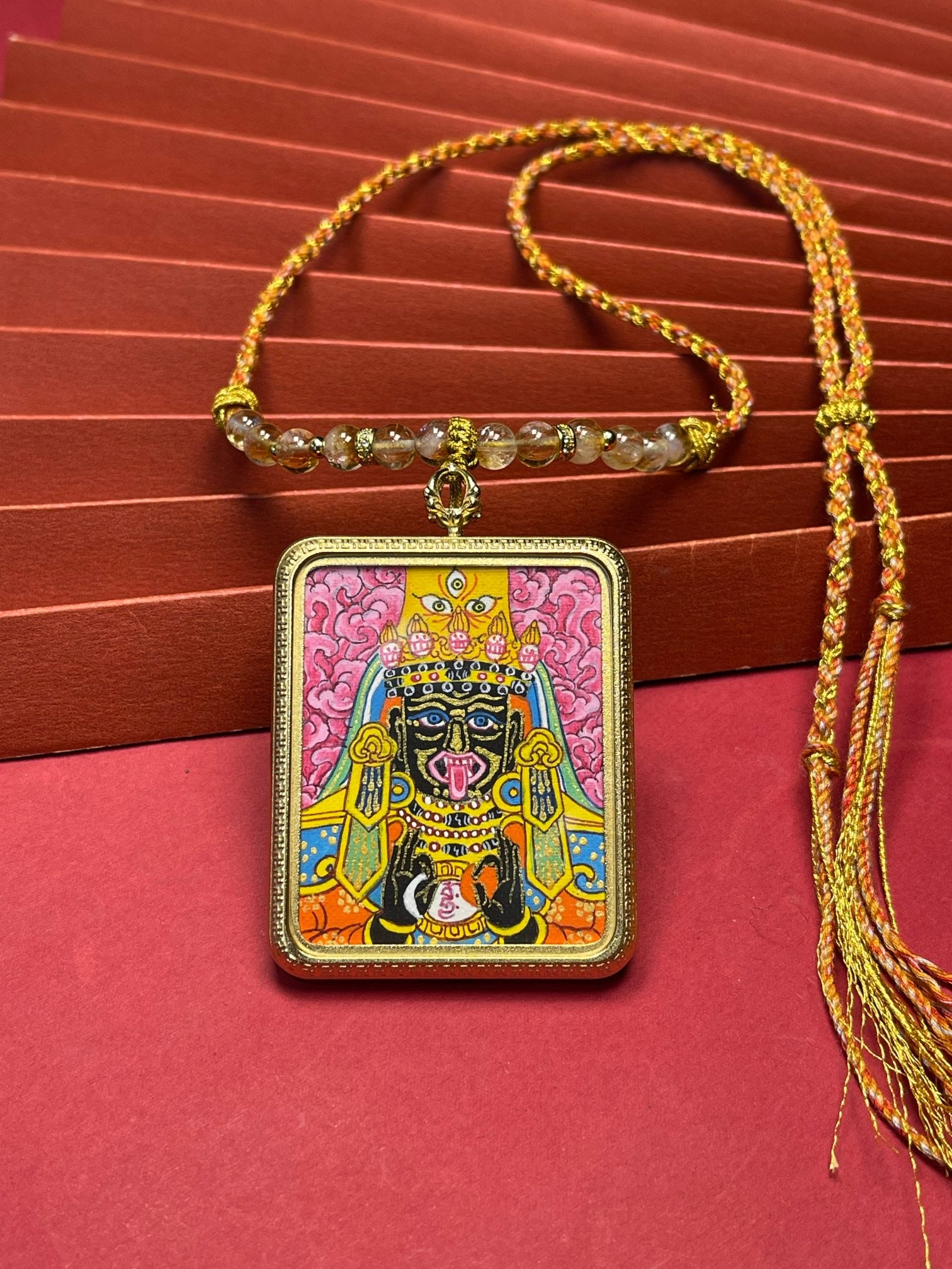 Close-up detail of the Nepal Pink Shachilama Thangka showing hand-painted mineral pigments, showcasing the masterful artistry and vivid expression.
