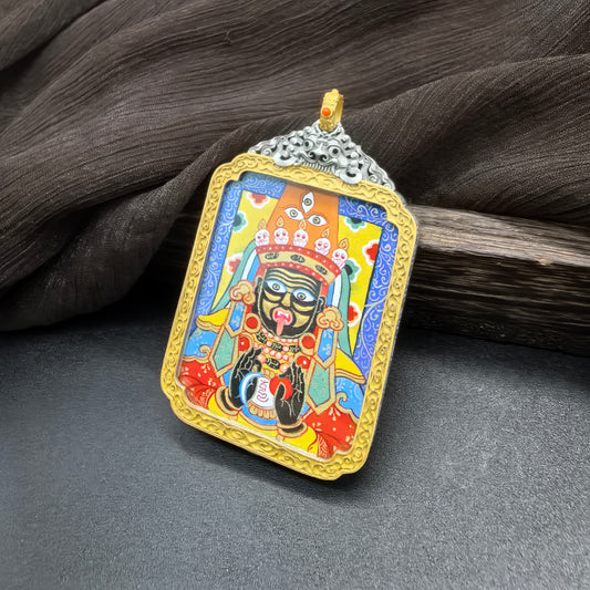 A 3.5x4.5cm hand-painted Rekong Blue Shachilama (蓝底扎基拉姆) Thangka pendant with 925 silver casing featuring the female wealth deity, representing wealth and peace in Buddhist tradition.

