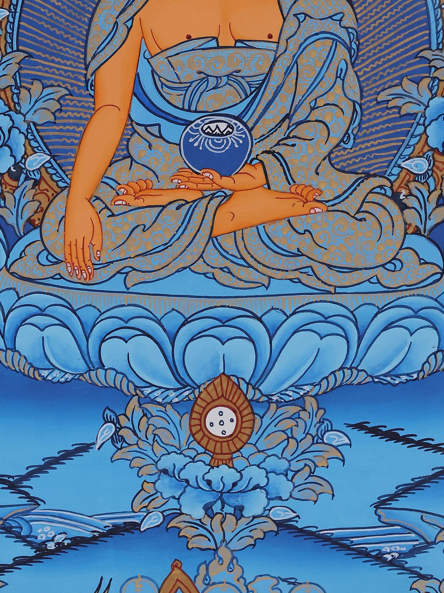 Shakyamuni Buddha blue thangka seated on a lotus throne, symbol of purity and awakening