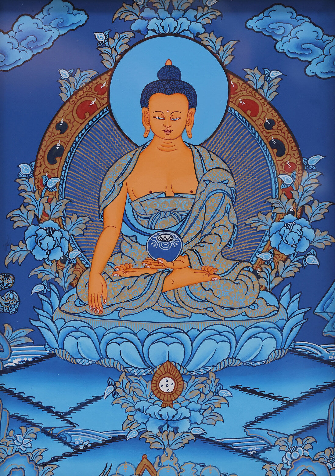 Traditional Tibetan Buddhist blue thangka portraying Shakyamuni Buddha in serene expression