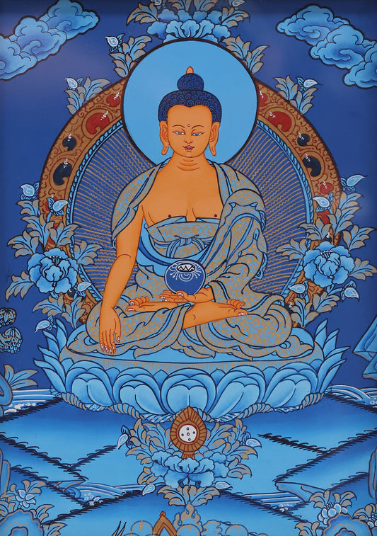 Traditional Tibetan Buddhist blue thangka portraying Shakyamuni Buddha in serene expression