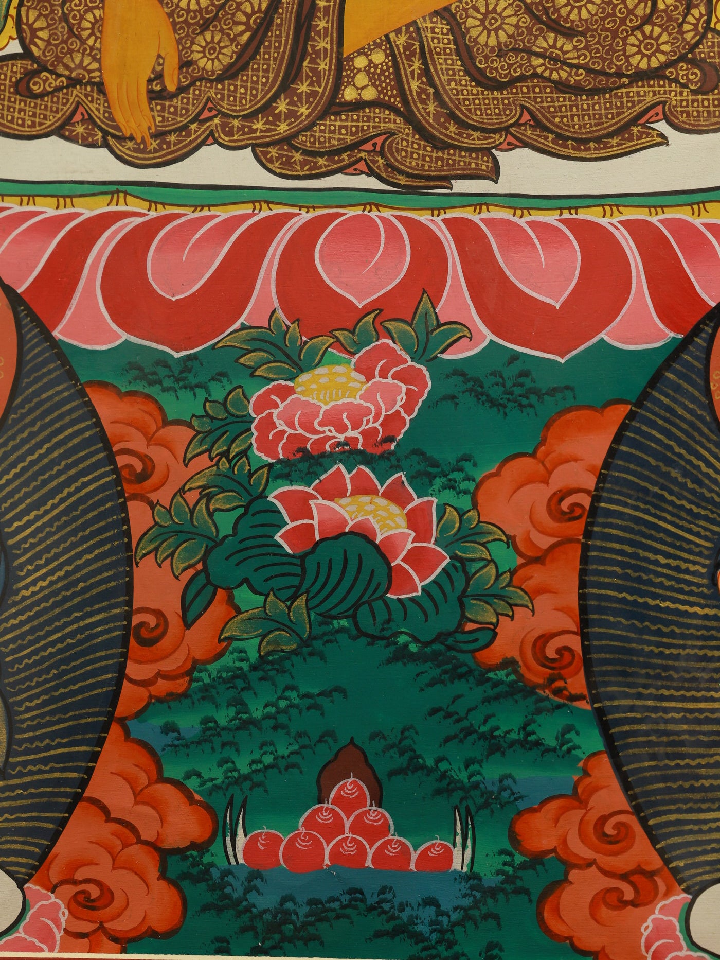 Shakyamuni Buddha Tibetan thangka emphasizing compassion and serenity, sacred art within Tibetan Buddhist culture.