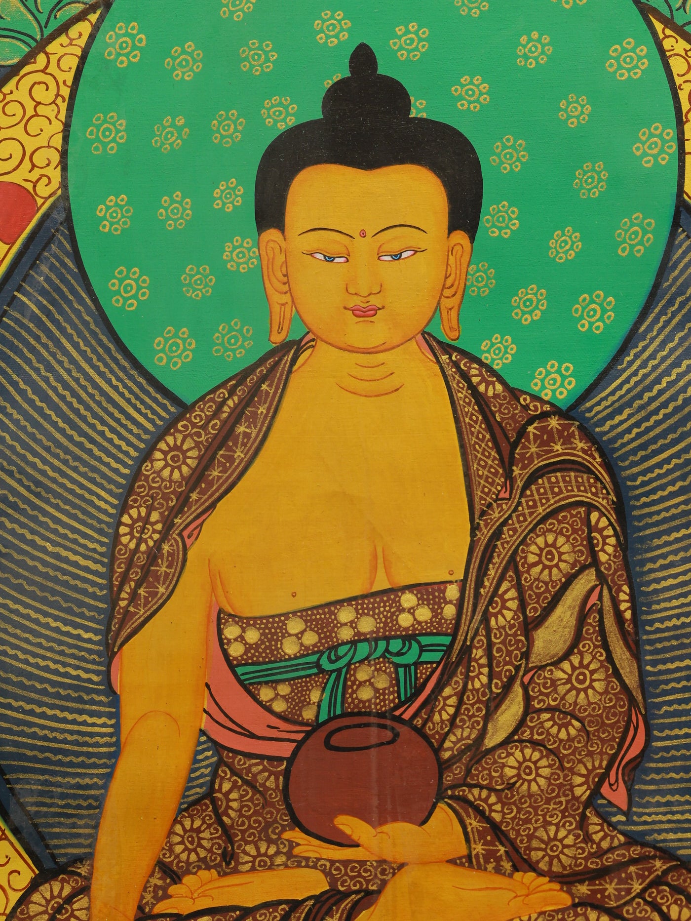 Tibetan color thangka of Shakyamuni Buddha teaching the Dharma, symbolizing wisdom and guidance on the spiritual path.