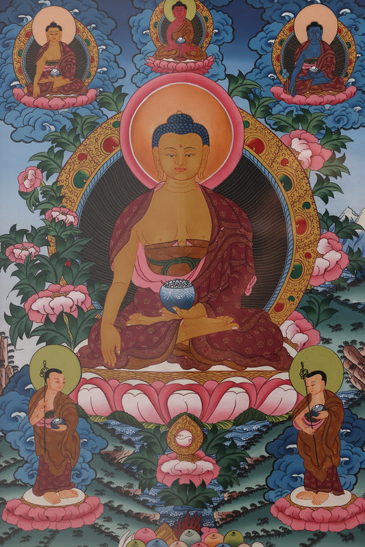 Hand-painted Shakyamuni Buddha Thangka showcasing traditional Tibetan Buddhist art