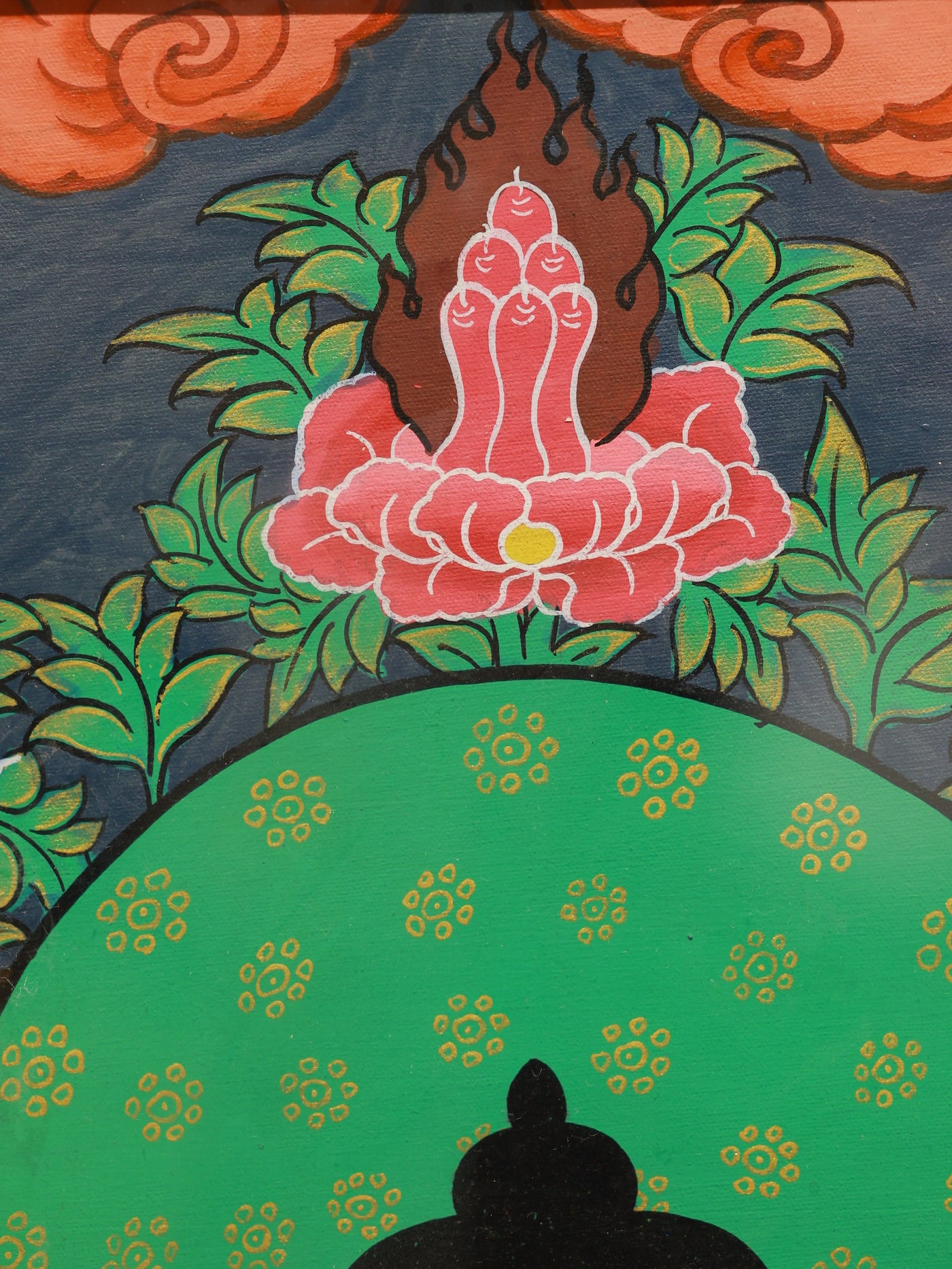Sacred Tibetan color thangka art of Shakyamuni Buddha, representing peace, mindfulness, and Buddhist devotion.
