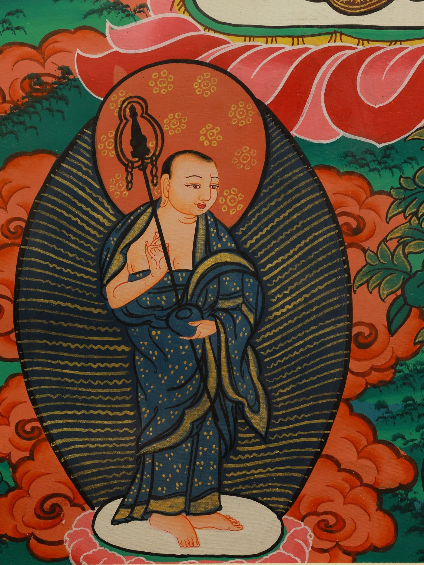 Tibetan color thangka depicting Shakyamuni Buddha and the path to Nirvana, symbolizing liberation and enlightenment.