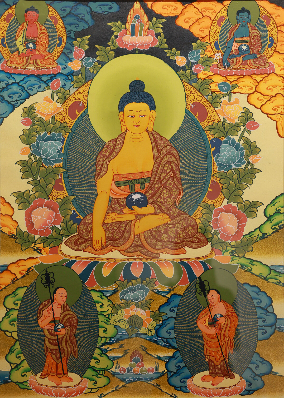 Colorful Tibetan Buddhist Thangka of Shakyamuni Buddha, front view with intricate details.