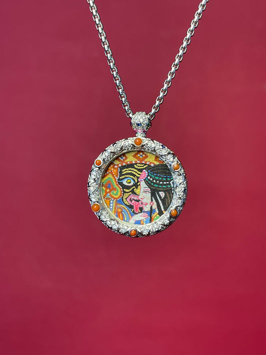  Close-up detail of the Nepal Shridevi Past Life Thangka showing hand-painted mineral pigments, showcasing the Nepal series artistry.
