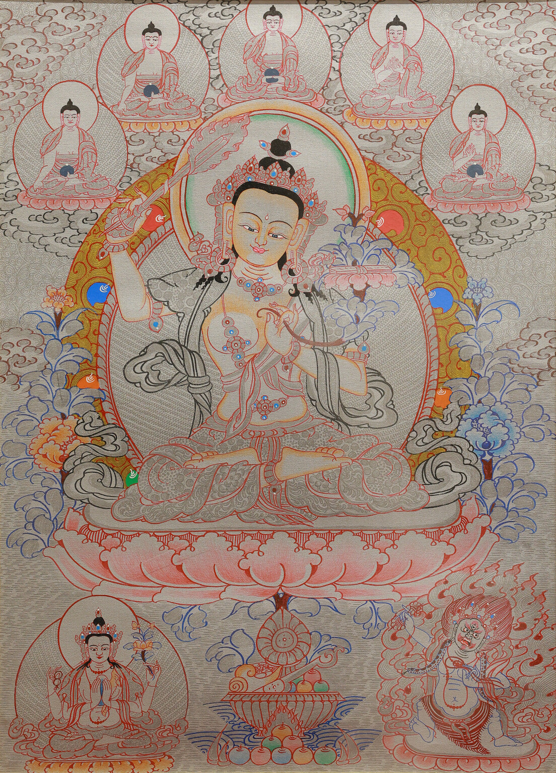 Silver thangka painting of Manjushri Bodhisattva, Tibetan Buddhist wisdom deity holding flaming sword