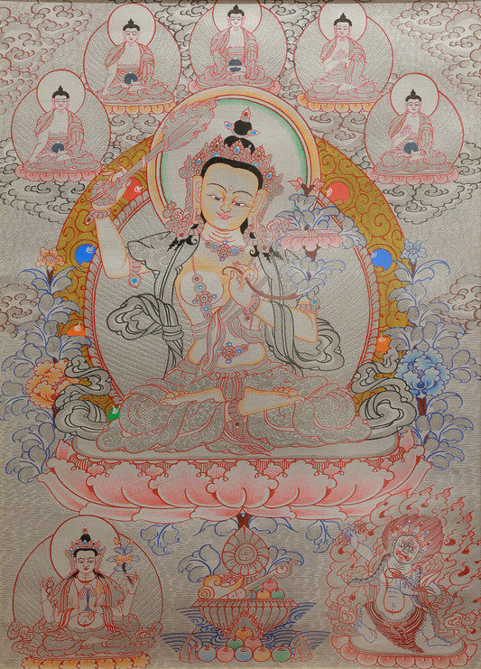 Silver thangka painting of Manjushri Bodhisattva, Tibetan Buddhist wisdom deity holding flaming sword