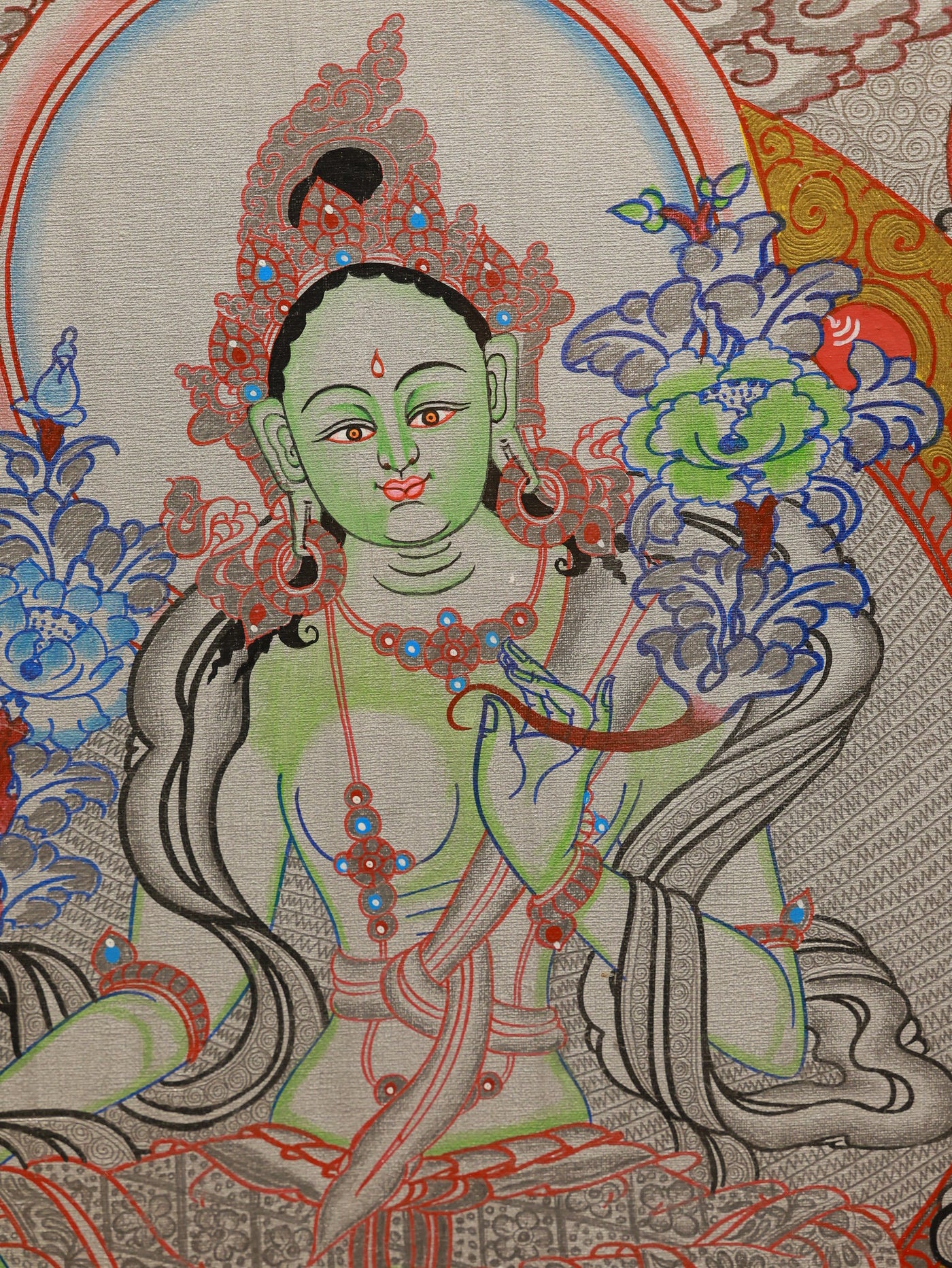 Silver thangka Green Tara spiritual protector removing fear and obstacles