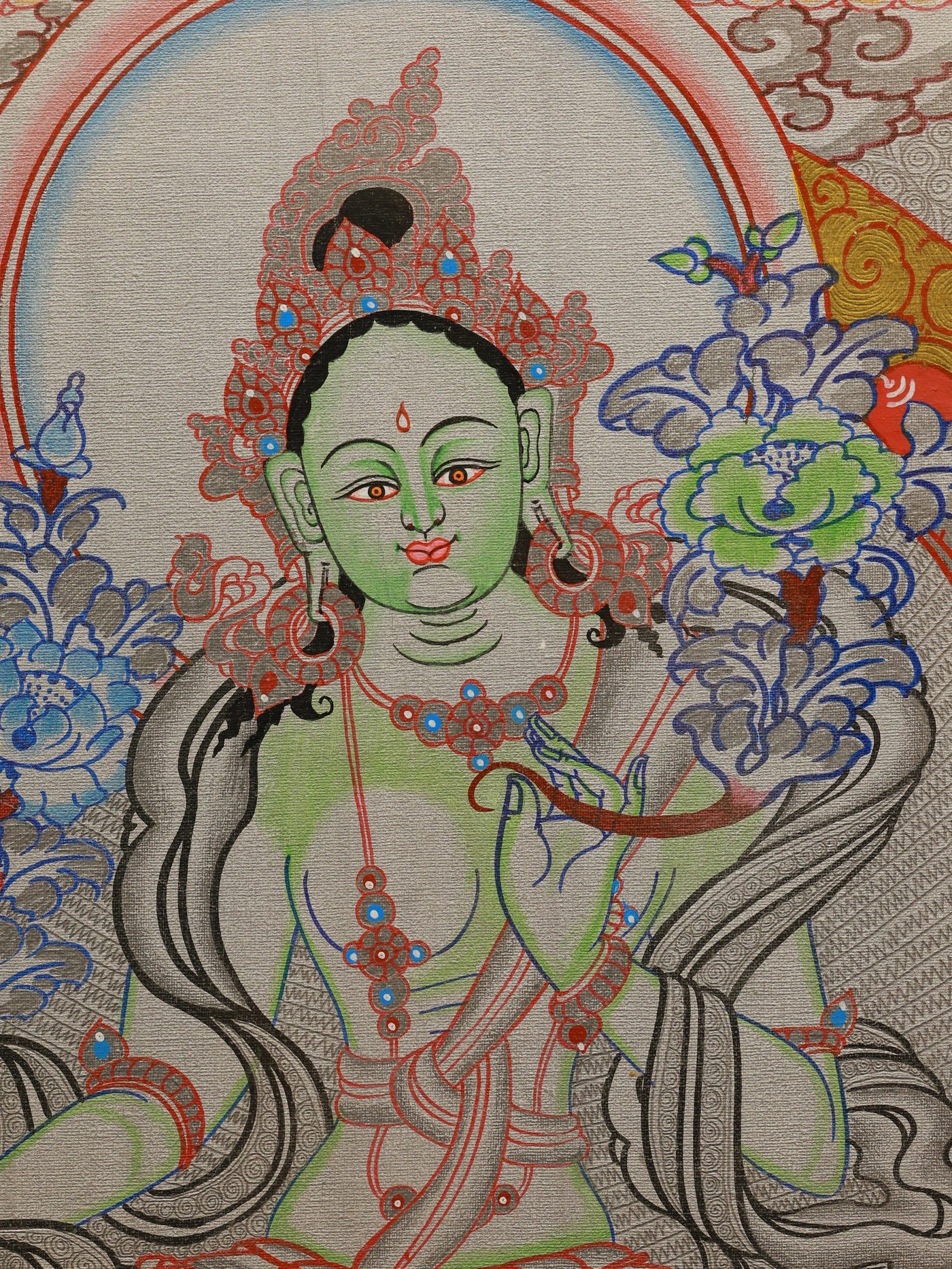 Silver thangka Green Tara tantric Buddhism artwork symbolizing swift enlightened activity
