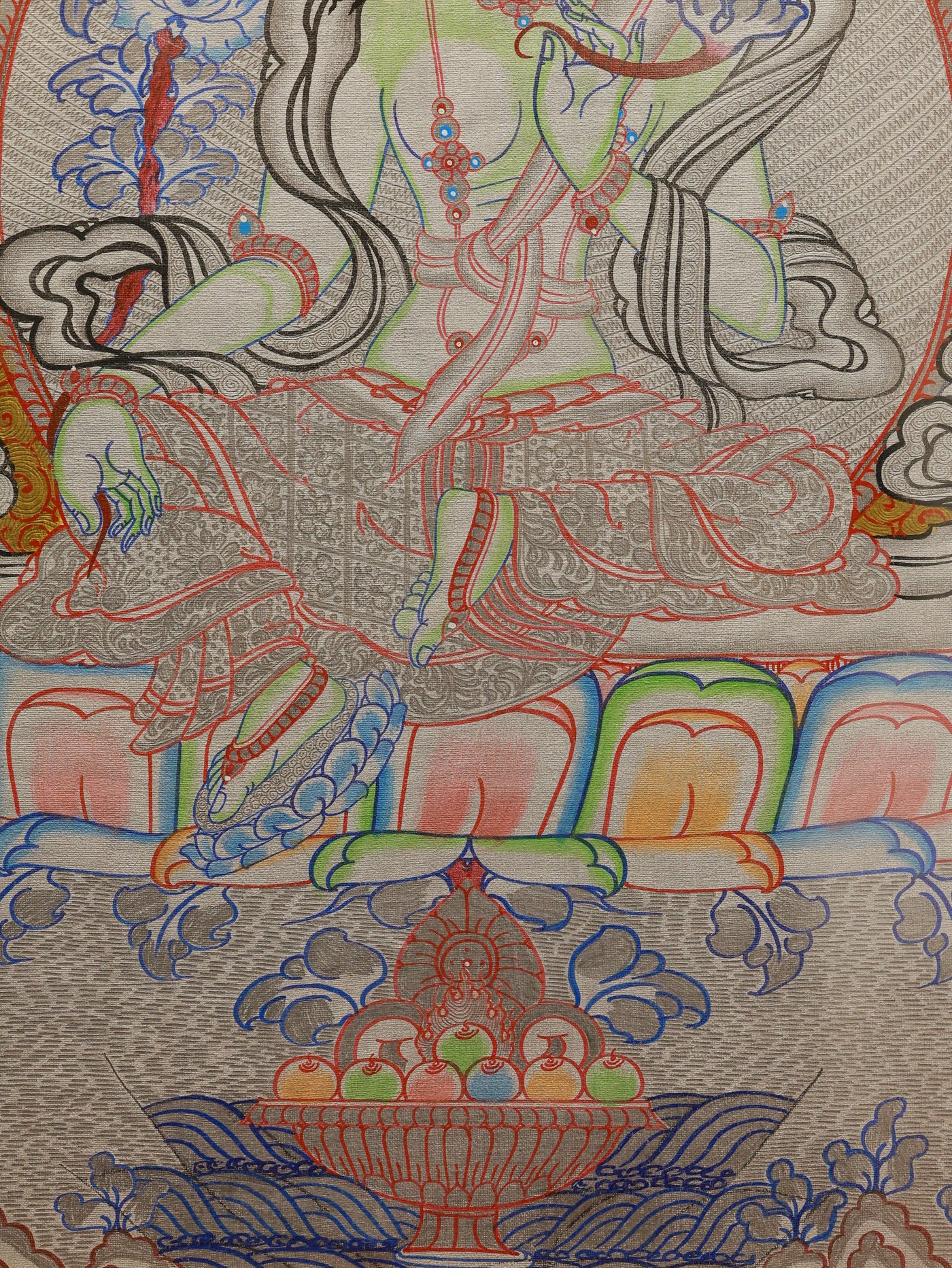 Silver thangka Green Tara fearless protector guiding practitioners on the spiritual path