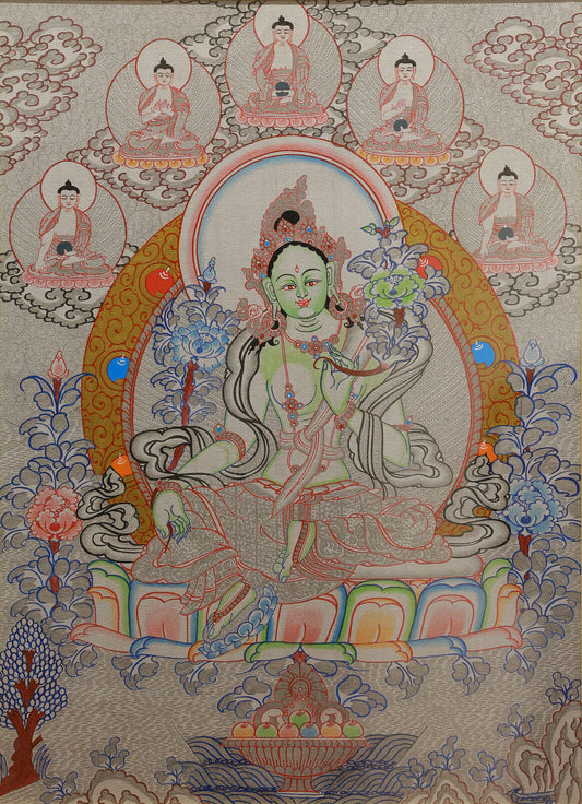 Silver thangka Green Tara bodhisattva expressing compassion and blessing in Tibetan Buddhist culture