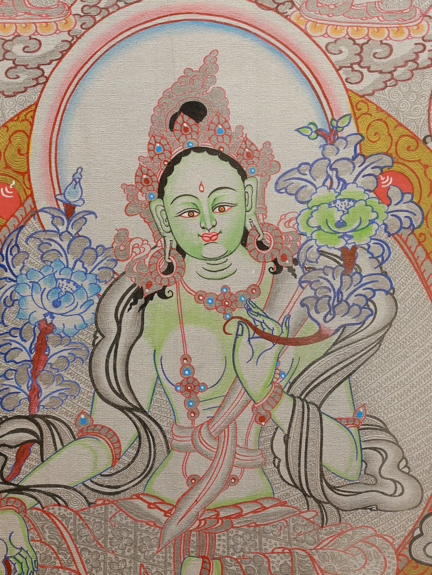 Silver thangka Green Tara Buddhist blessing art symbolizing mercy and liberation