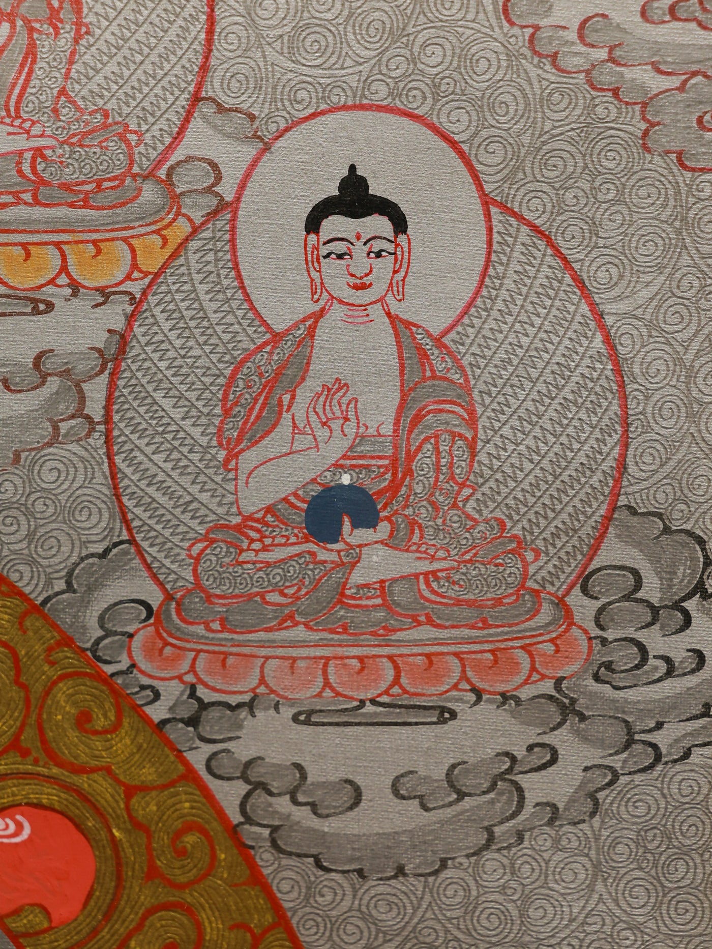  Silver mandala thangka of Vaishravana surrounded by eight auspicious symbols border, traditional Tibetan geometric design.