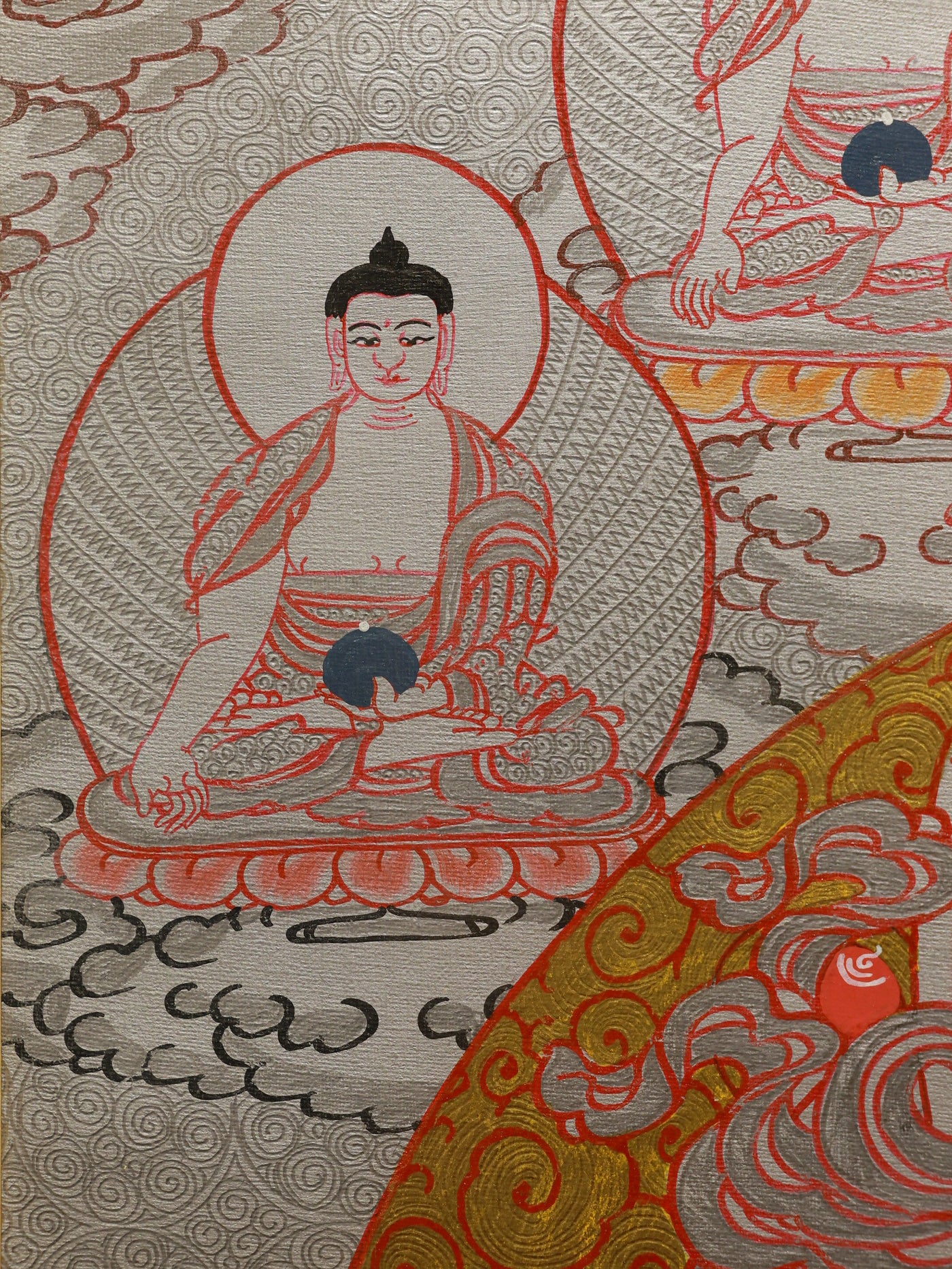 Ritual scene thangka showing Jambhala conducting wealth blessing ceremony with vajra bell, lotus and treasure vases in silver tones.