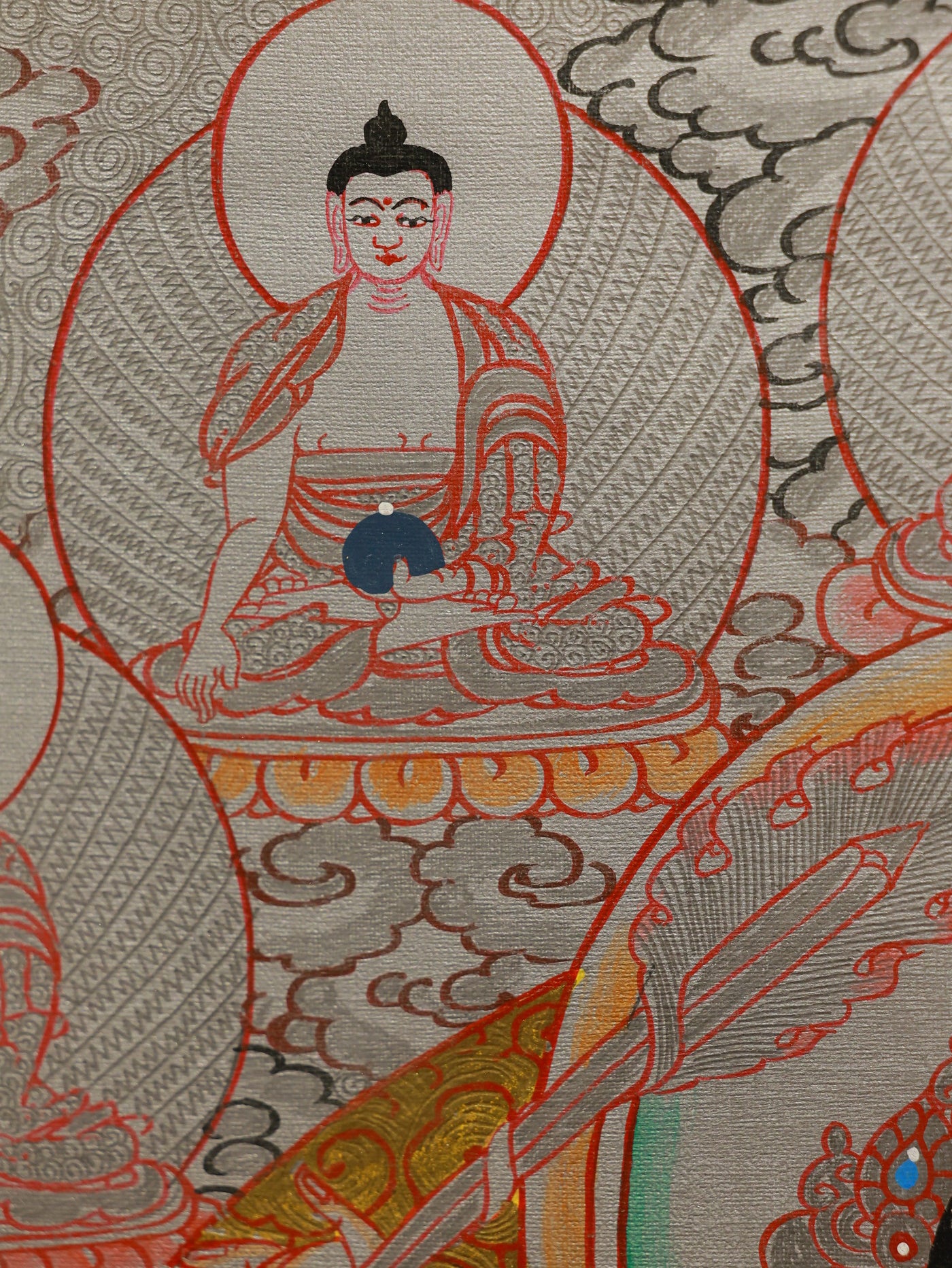 Manjushri silver thangka seated on lotus throne, symbol of clarity and insight