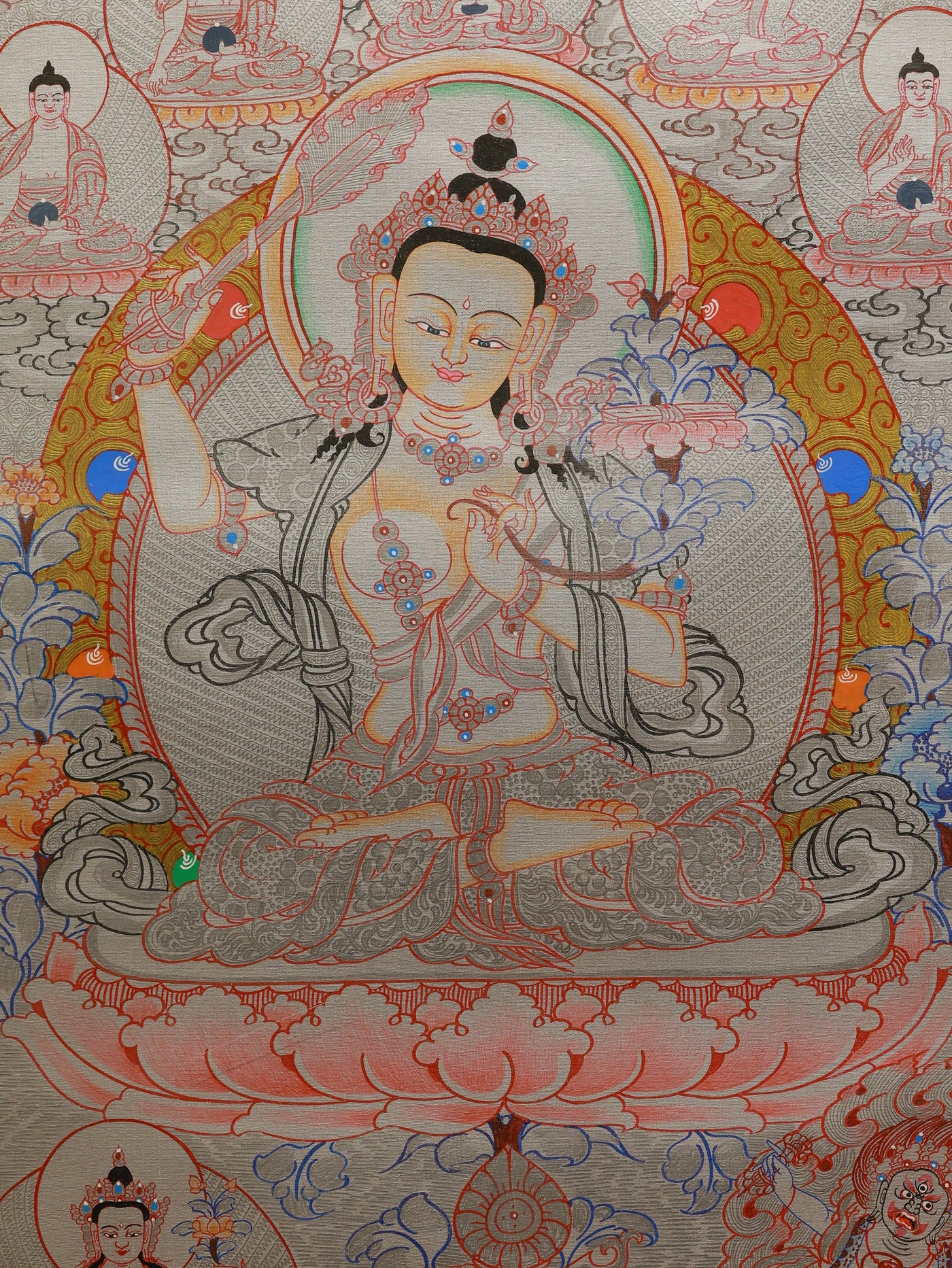 Sacred Tibetan silver thangka featuring Manjushri wisdom deity