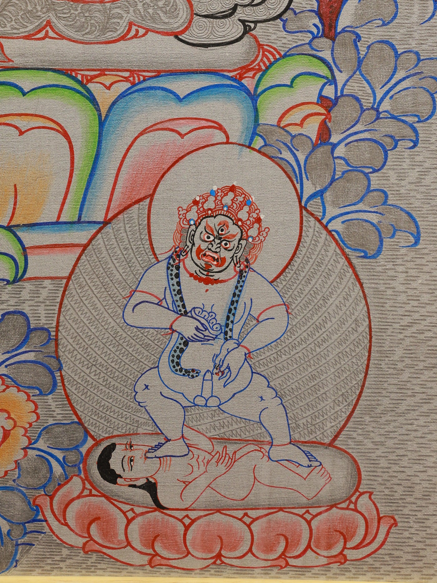 Yellow Jambhala silver thangka used for wealth prayers and abundance blessings in Tibetan tradition