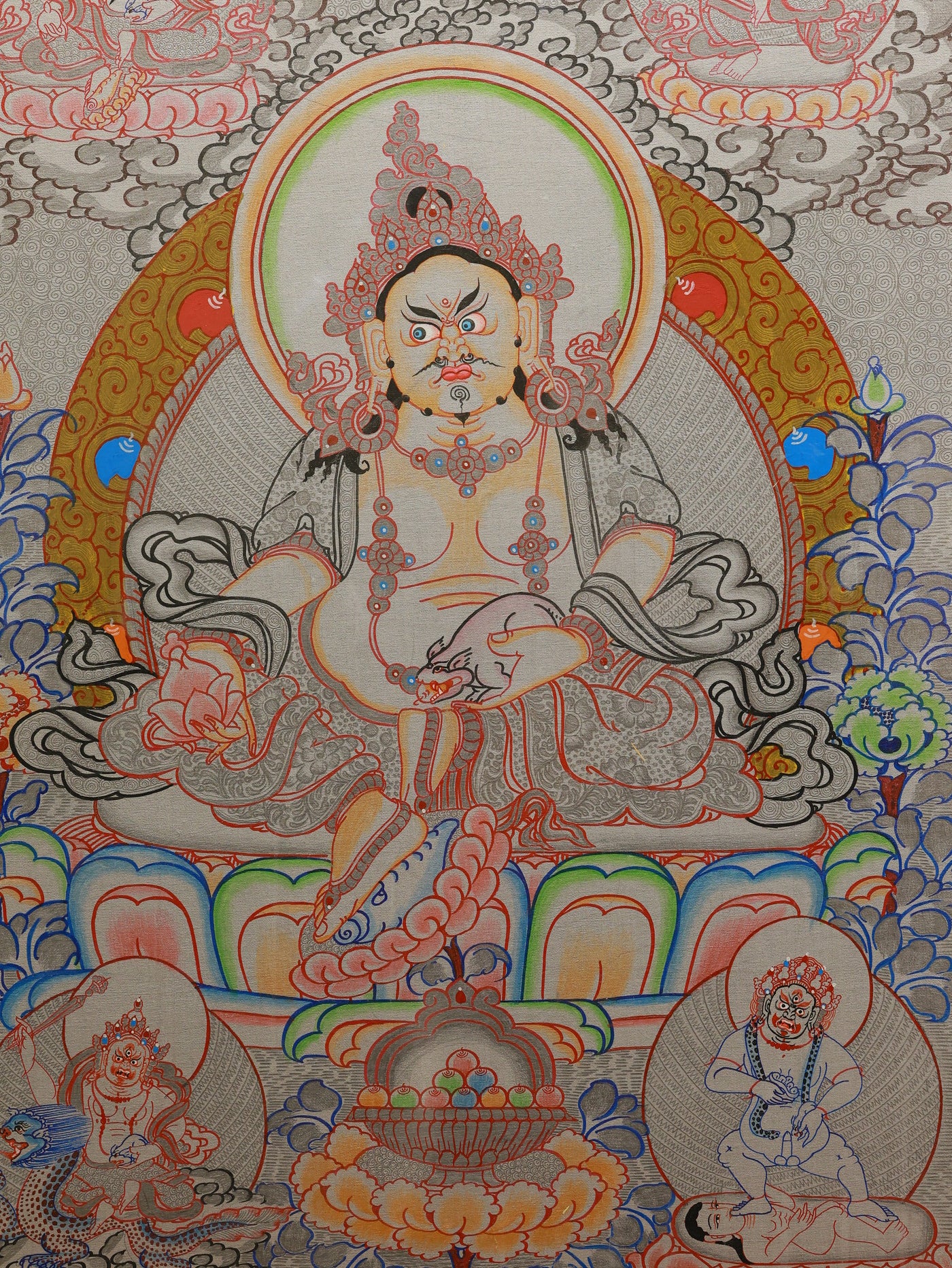 Buddhist silver thangka art of Yellow Jambhala, a powerful deity of prosperity and success