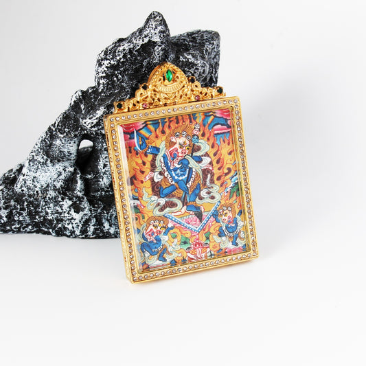 Hand-painted Nepal Premium Simhamukha (Lion-Faced Dakini) Thangka pendant featuring the fierce wisdom protector, encased in titanium steel, representing removal of obscurations in Tibetan Buddhist tradition.

