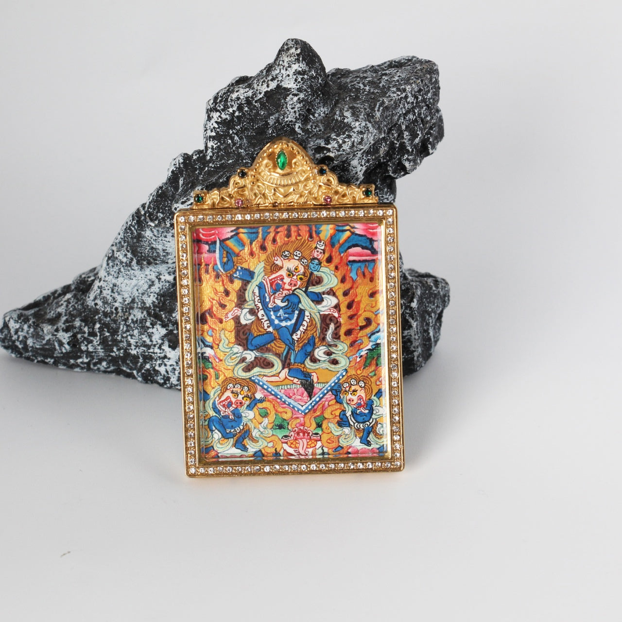  Close-up detail of the Nepal Premium Simhamukha Thangka painting showing intricate natural mineral pigment work, showcasing the masterful artistry of Nepali lineage painters.

