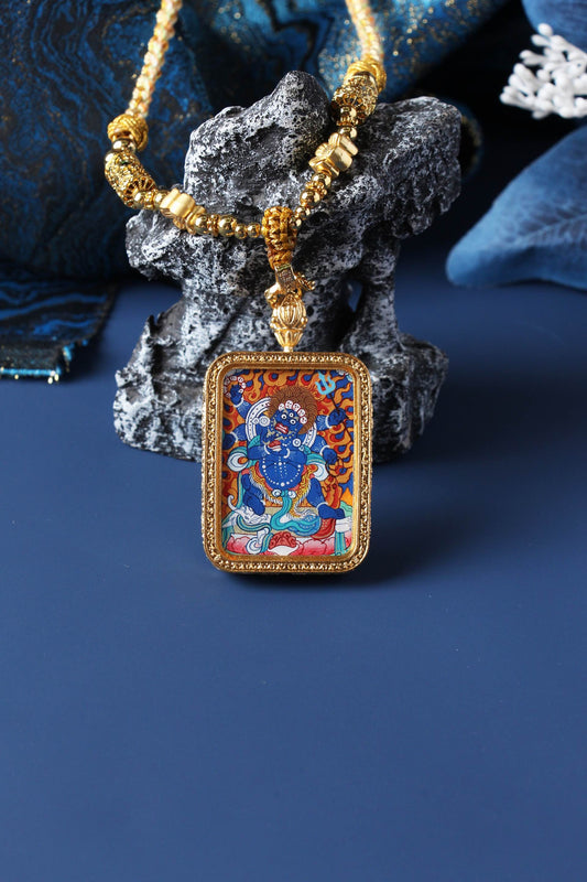  A 3.5x4.5cm hand-painted Tibetan Buddhist Six-Armed Mahakala Thangka pendant featuring the great wrathful protector, encased in exclusive 925 Sterling Silver, representing protection and obstacle removal in Tibetan Buddhist culture.

