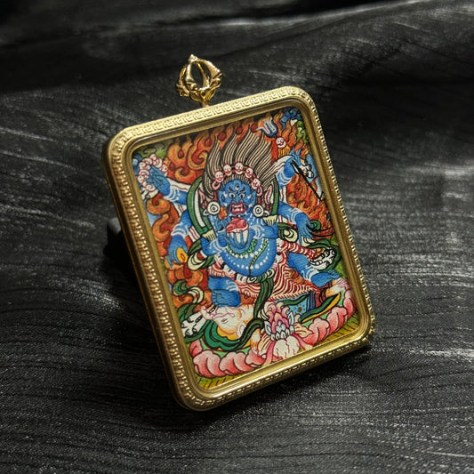 A 4x5cm hand-painted Nepal Six-Armed Mahakala Thangka pendant featuring the Great Black One, representing Dharma protection and wealth in Buddhist tradition.

