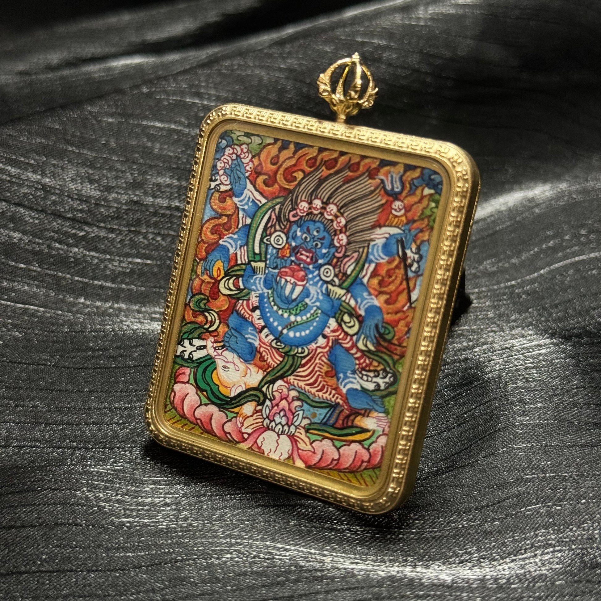 Close-up detail of the Nepal Six-Armed Mahakala Thangka painting showing hand-painted brushwork and colour, showcasing the vivid artistry of Nepal Nika series.
