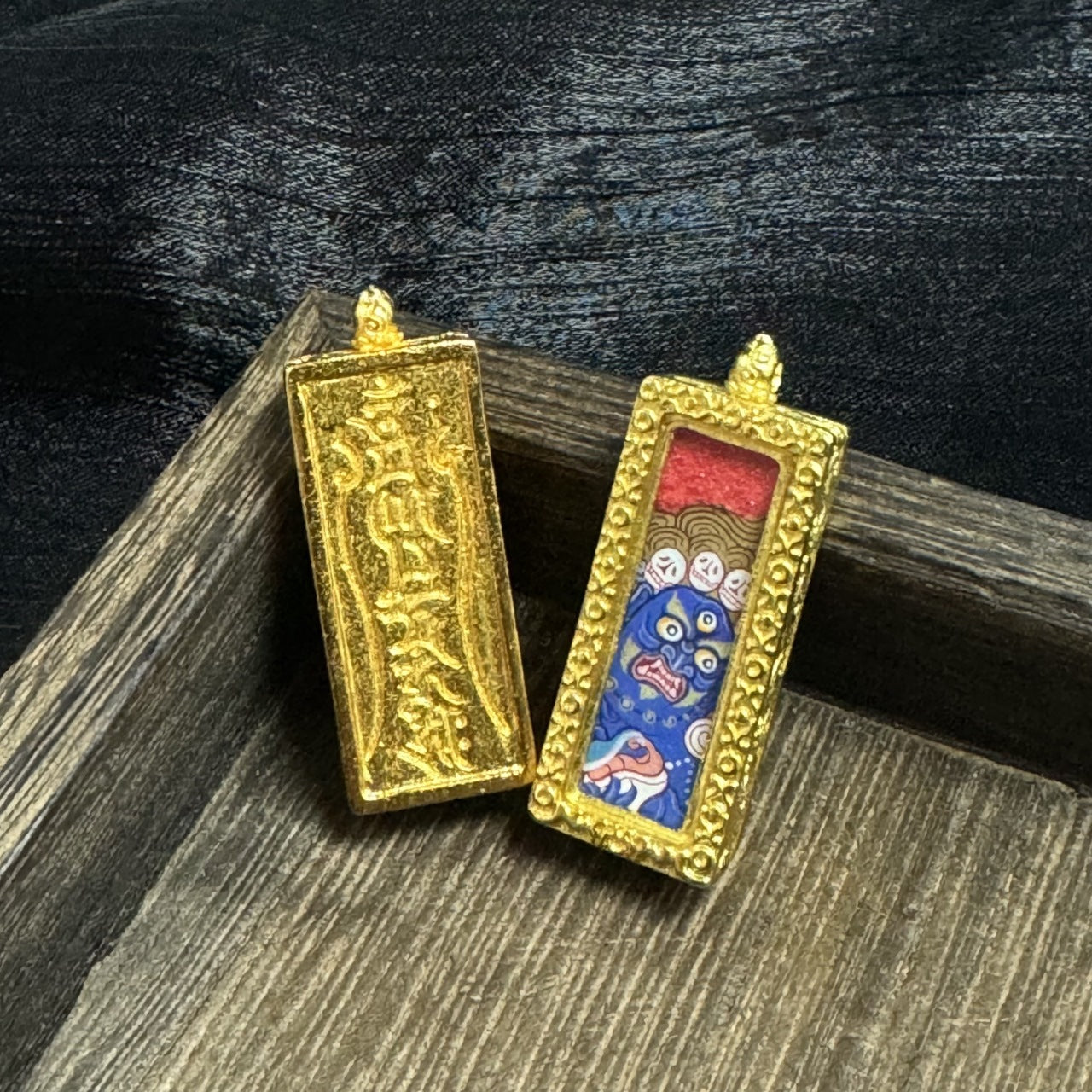  Close-up detail of the Six-Armed Mahakala Rebgong Buddha Head Thangka painting showing intricate natural mineral pigment work, showcasing the artistry of Rebgong lineage painters.
