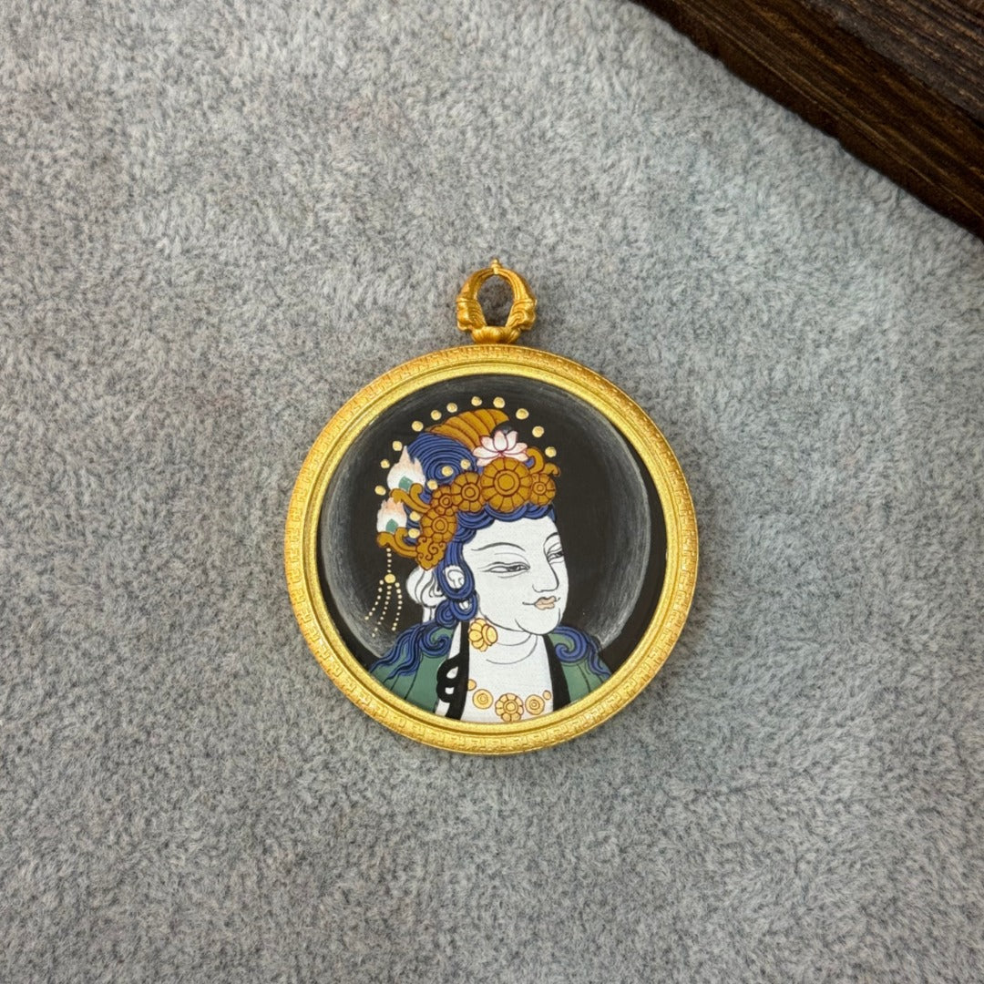 Close-up detail of the Tibet Card Dunhuang Sudhana Avalokiteshvara Thangka painting showing intricate natural mineral pigment work, showcasing the masterful artistry of Tibetan lineage painters.
