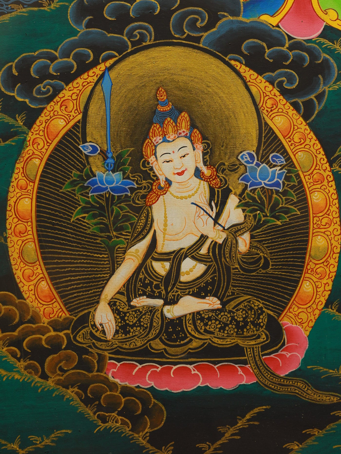 Traditional Tibetan black gold Five Manjushri thangka depicting the bodhisattva of wisdom in five aspects