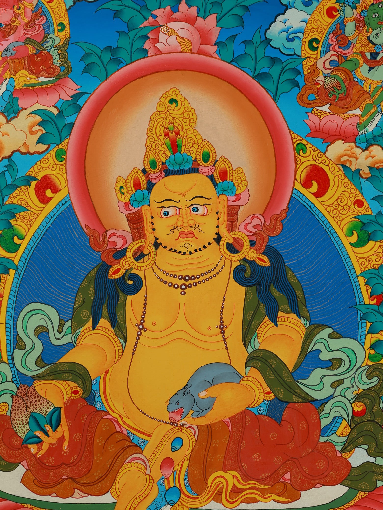 Tibetan Buddhist prosperity thangka showing Yellow Jambhala as the god of wealth