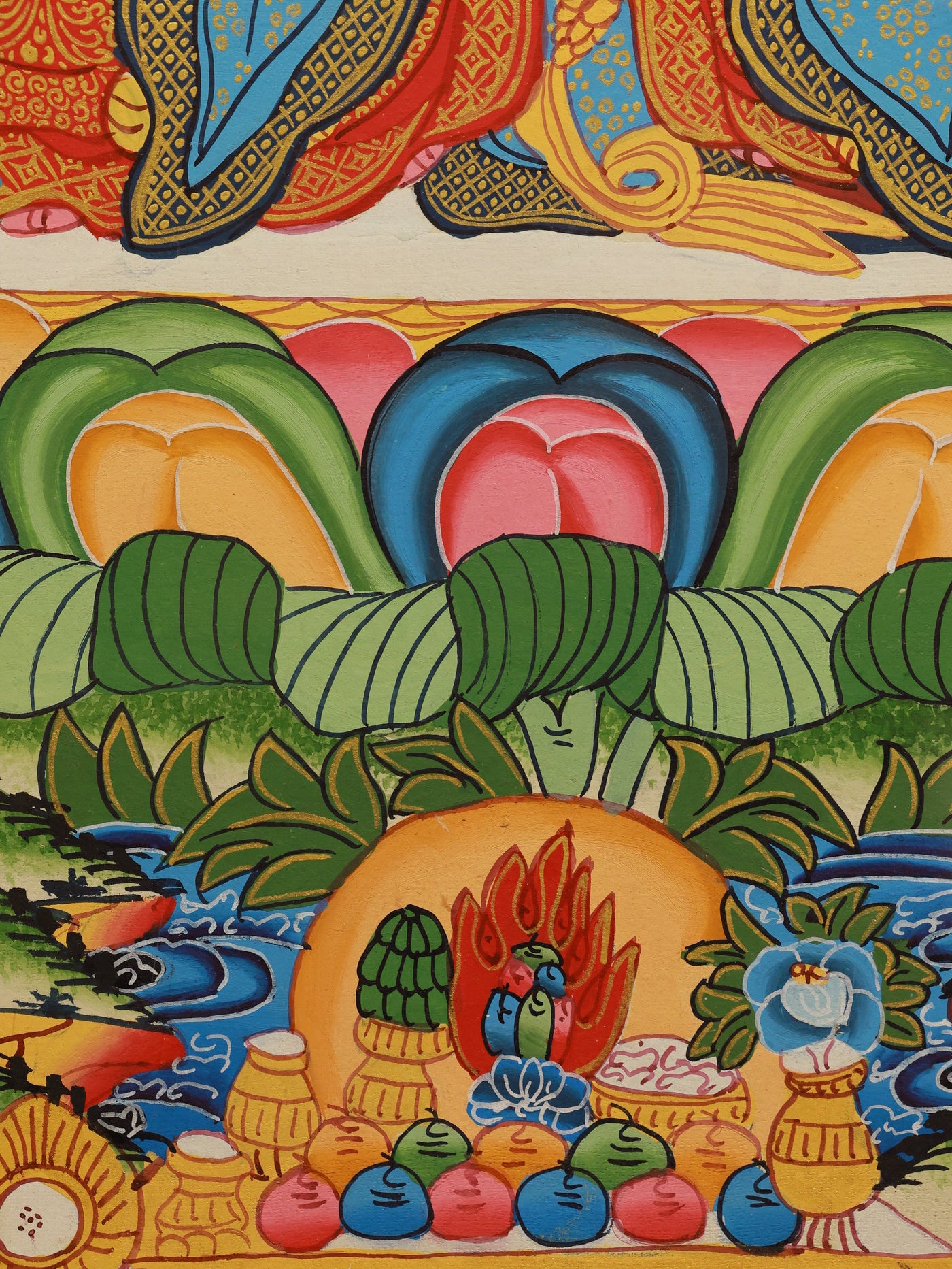 Color thangka of Manjushri with the sacred mantra "Om A Ra Pa Tsa Na Dhih" inscribed in Tibetan script, used for wisdom blessings.