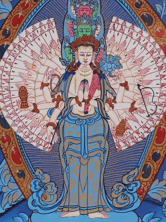 Hand-painted Tibetan Thangka of Thousand-Armed Thousand-Eyed Avalokiteshvara, depicting the central deity with eleven faces and divine lotus throne.