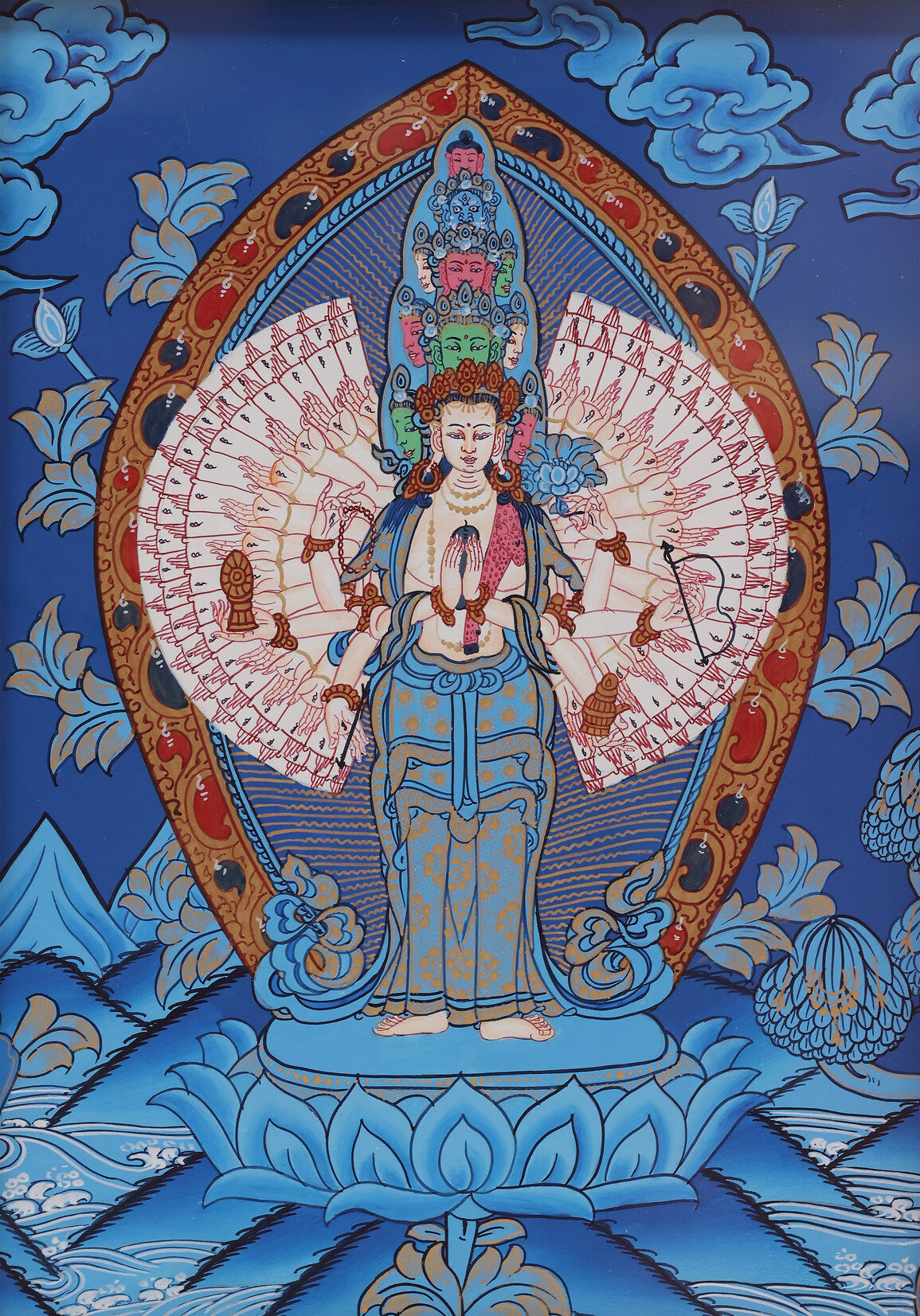 Handcrafted Tibetan Avalokiteshvara Thangka showing thousand arms, thousand eyes, and meditation posture on double lotus throne.