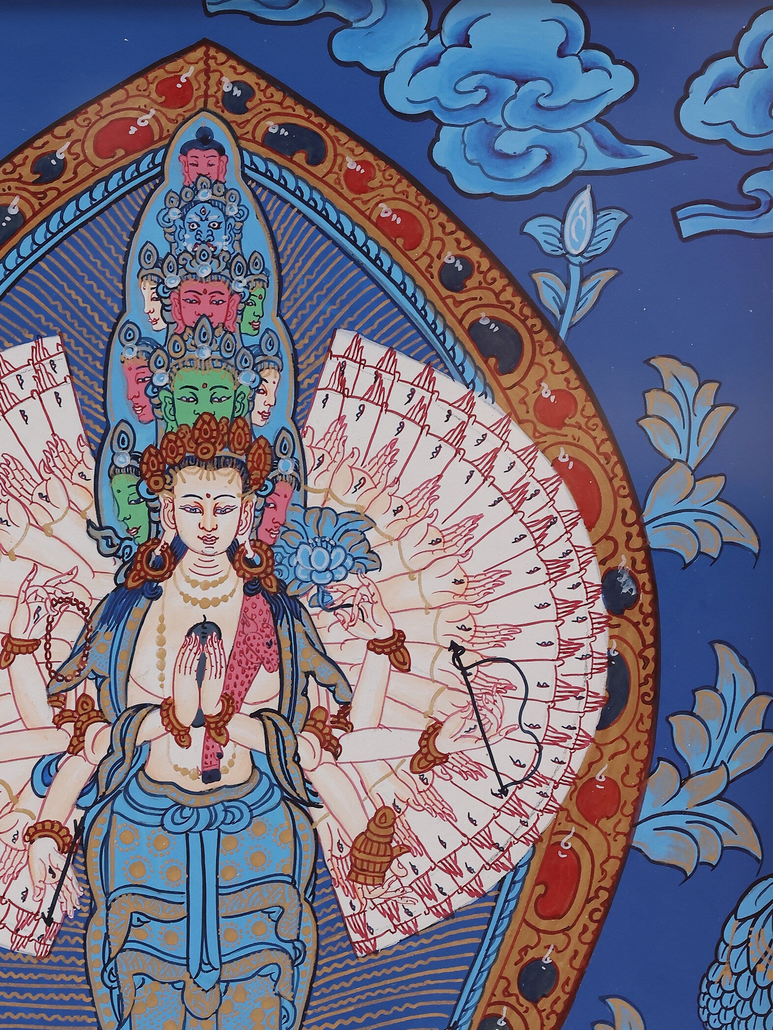 Tibetan hand-painted Thangka of Compassion Bodhisattva, with eleven serene faces and multi-tiered lotus seat.