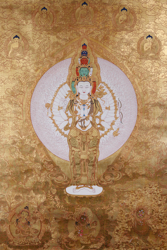 Eleven faced Avalokiteshvara thousand hands thangka, traditional Tibetan Buddhist mineral pigment sacred painting for shrine