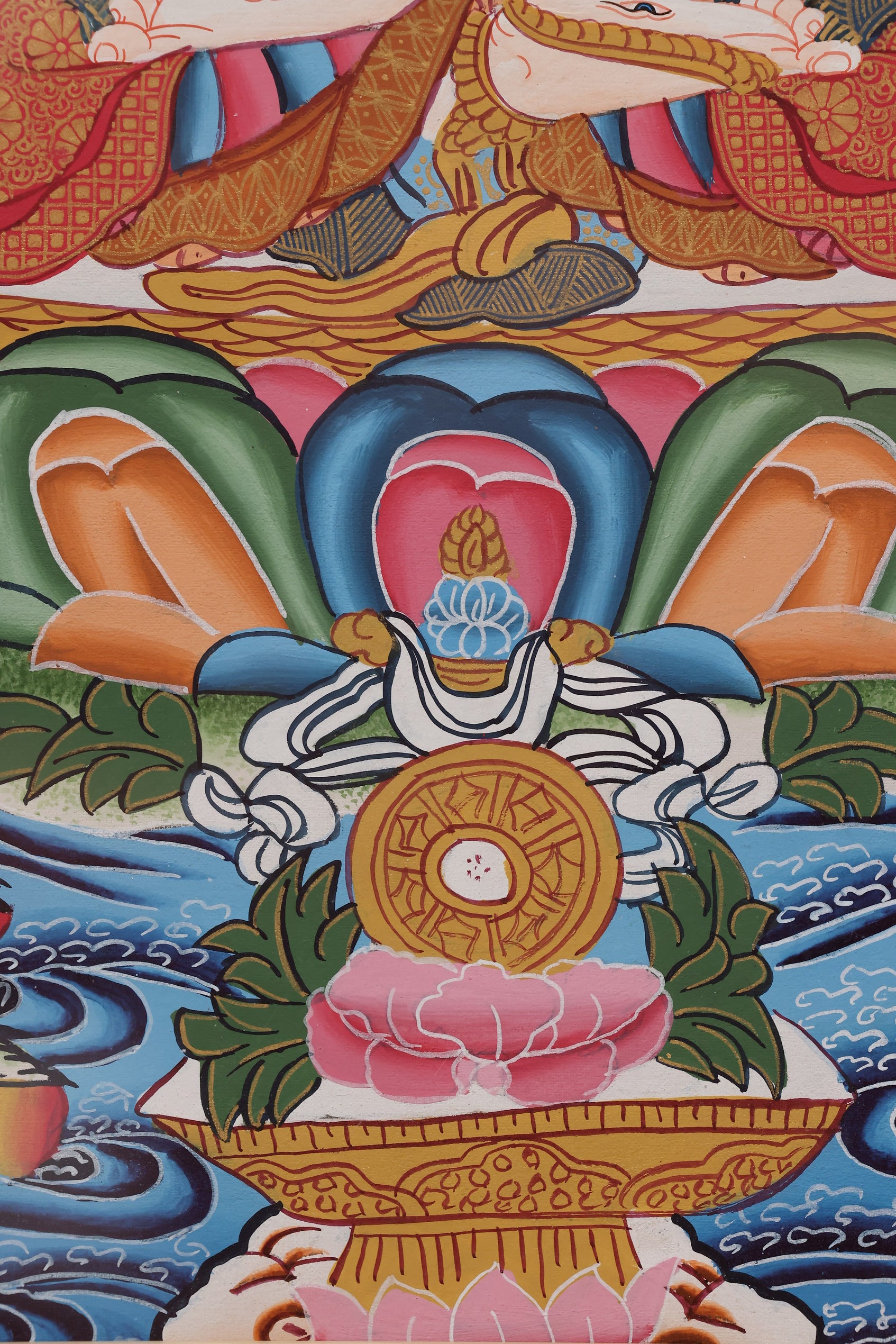 Hand-painted Himalayan Buddhist thangka illustrating the Long Life Trinity longevity deities