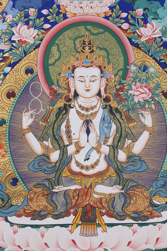 Hand-Painted Four-Armed Avalokiteshvara & Three Protectors Thangka | Tibetan Buddhist Altar Art | Gold Acrylic & Mineral Pigments