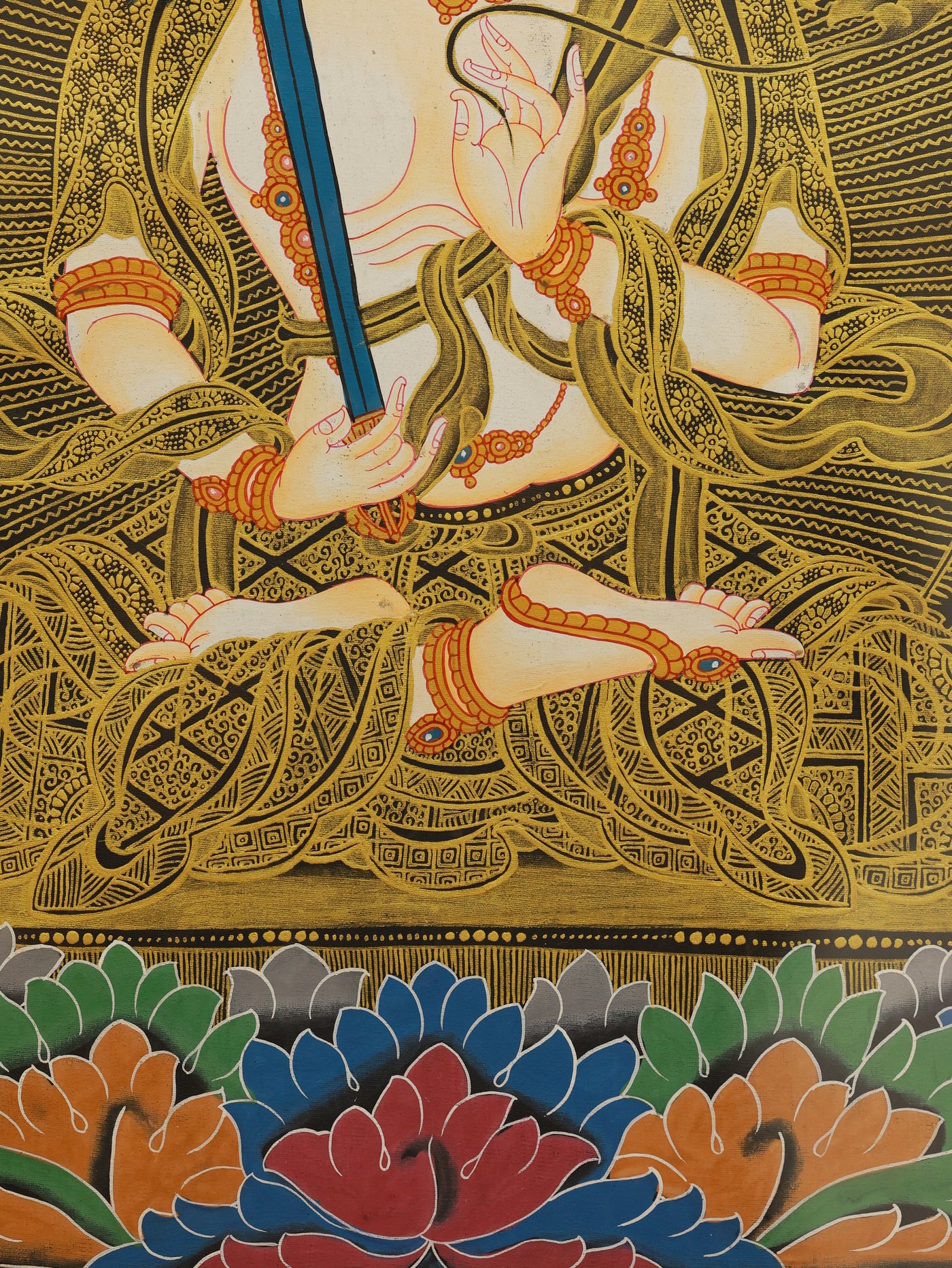 Akashagarbha Bodhisattva black gold thangka representing infinite wisdom, learning ability, and accumulated spiritual merit