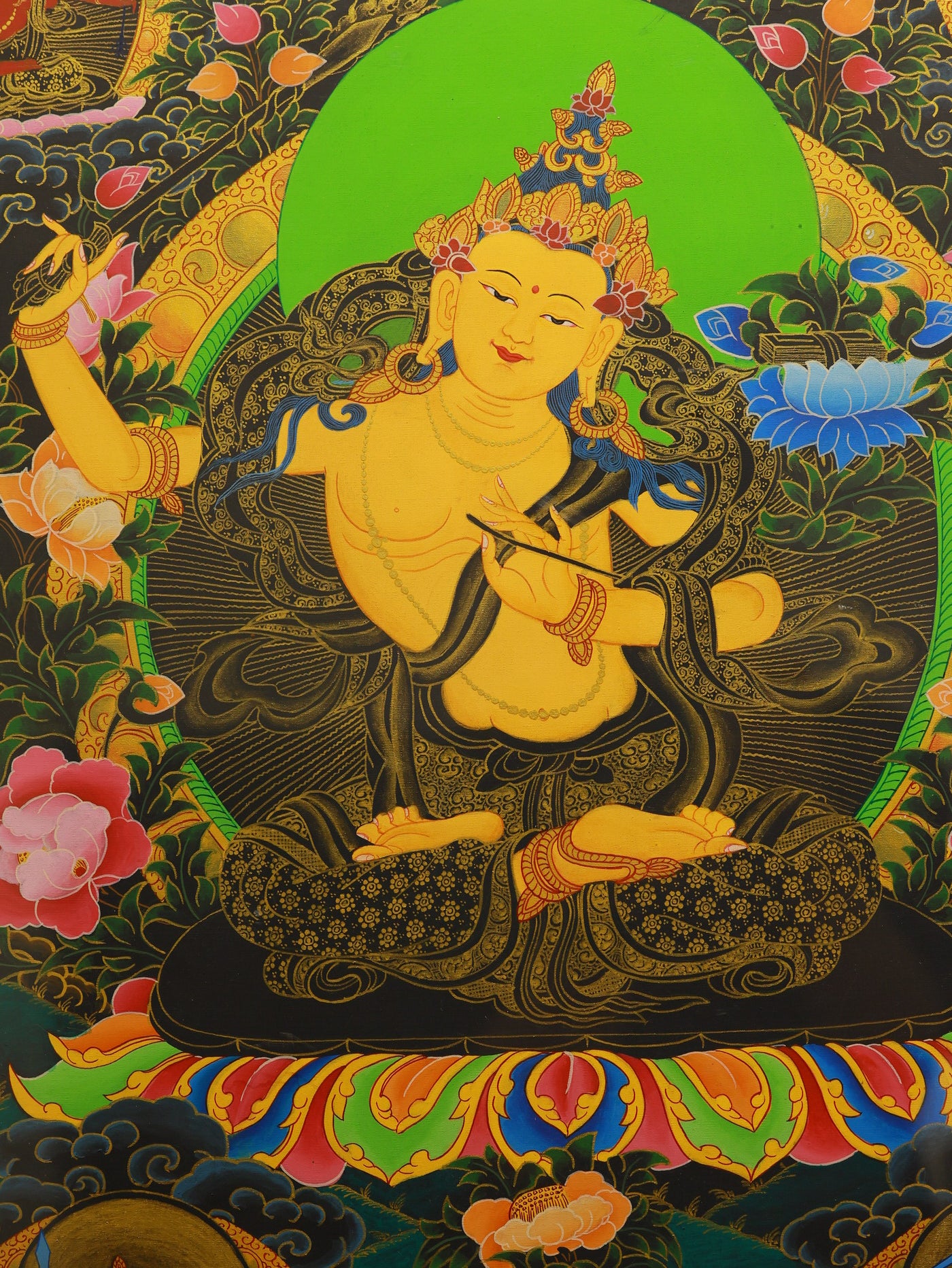 Maha wisdom Manjushri Five Direction thangka symbolizing ultimate awareness and enlightened intellect