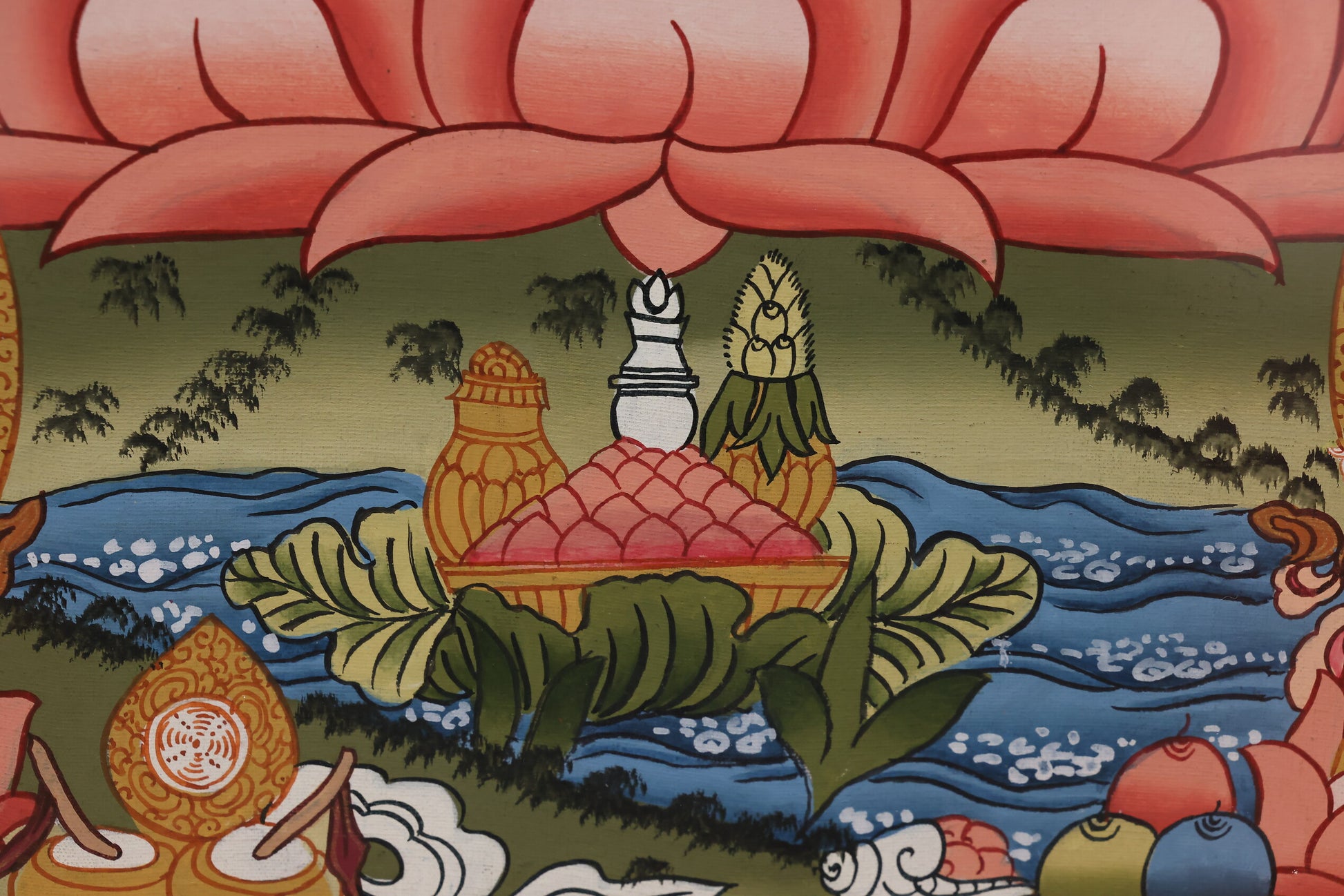 Vermilion-colored Longevity Buddha Thangka symbolizing life energy, vitality, and blessings.