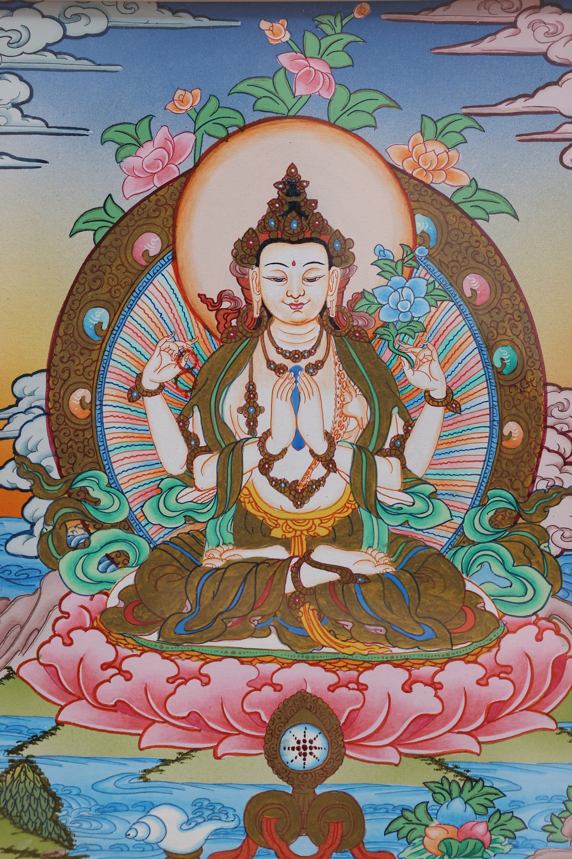Hand-painted Tibetan Buddhist color thangka depicting Four-Armed Avalokiteshvara, symbol of compassion and mercy