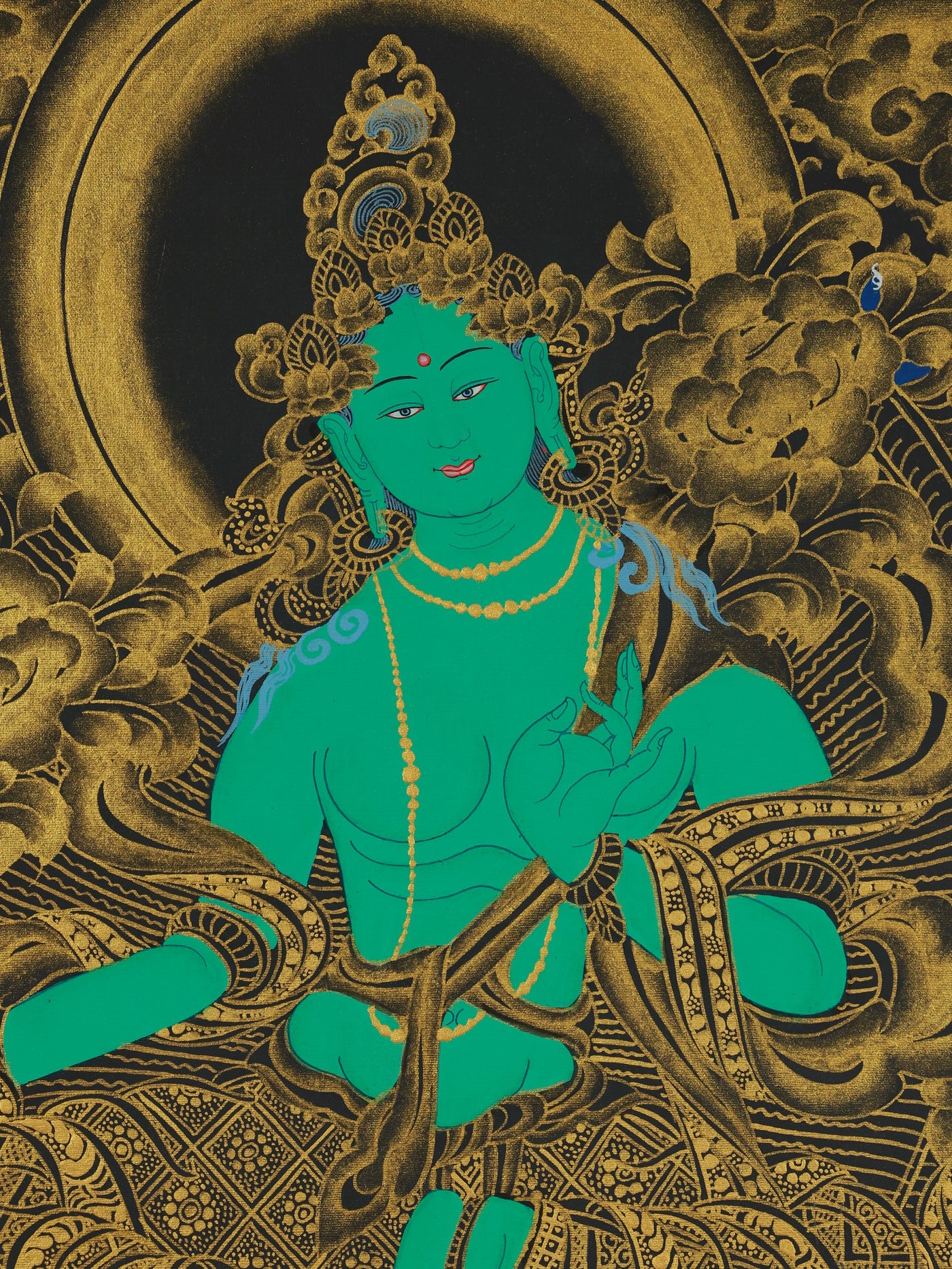 Black gold Tara thangka symbolizing protection from fear and sudden obstacles
