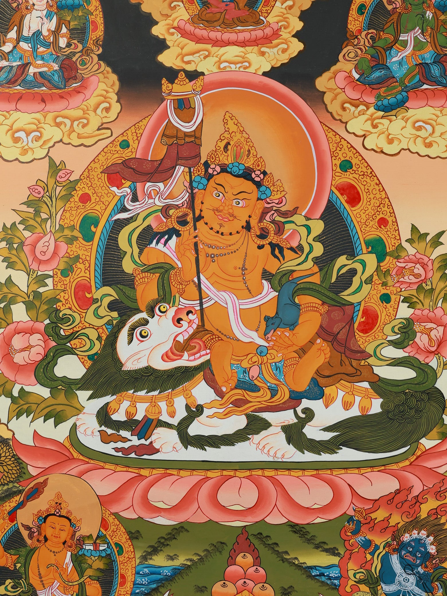 Tibetan Thangka painting of Vaishravana, one of the Four Heavenly Kings and guardian of wealth