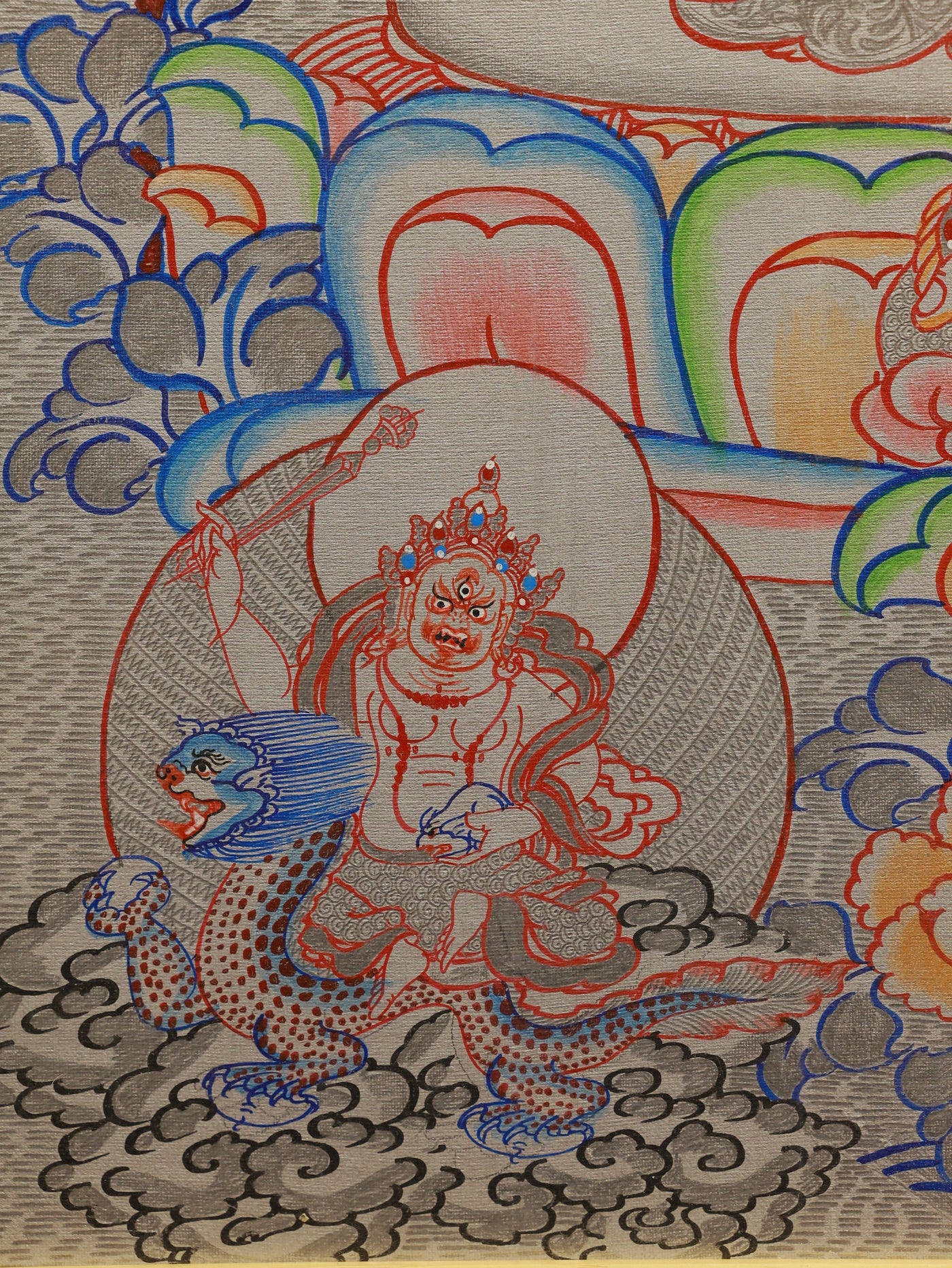 Silver thangka of Dzambhala, the Tibetan Buddhist wealth deity associated with abundance and protection
