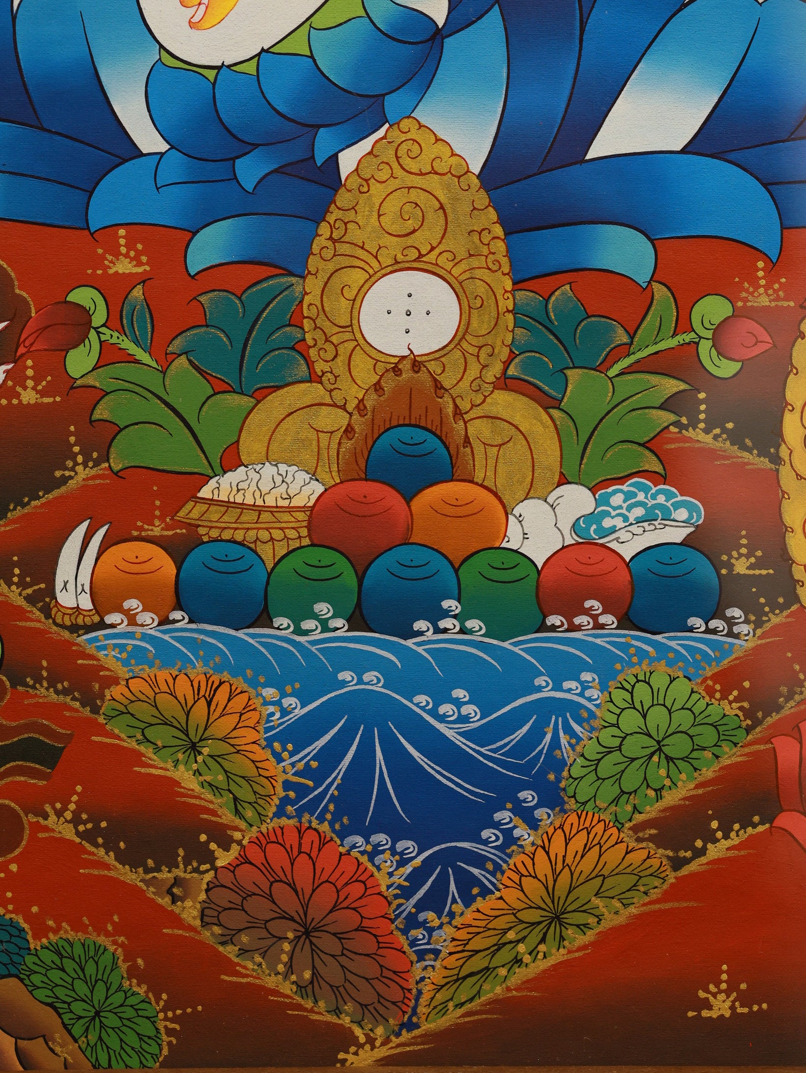 Esoteric Tibetan Buddhist wealth mandala thangka centered on Yellow Jambhala and the Five Wealth Deities.